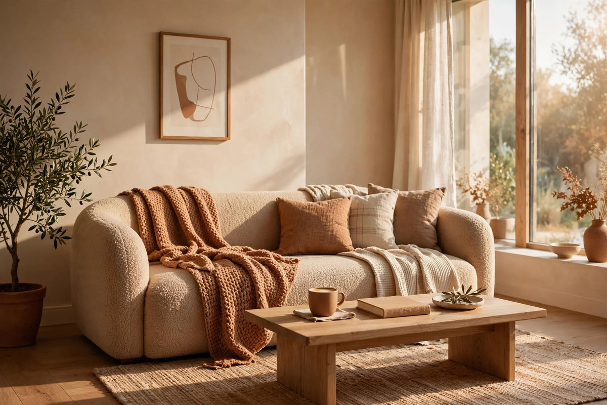 Sunlit living room with a soft sofa and textured throws, conveying warmth and comfort