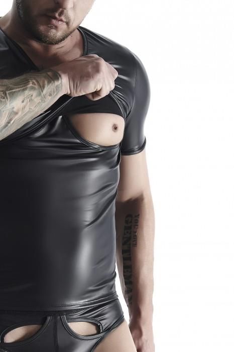 Tricou Regnes Fetish Planet pentru bărbați, aspect umed, negru, L, cu acces la sâni
