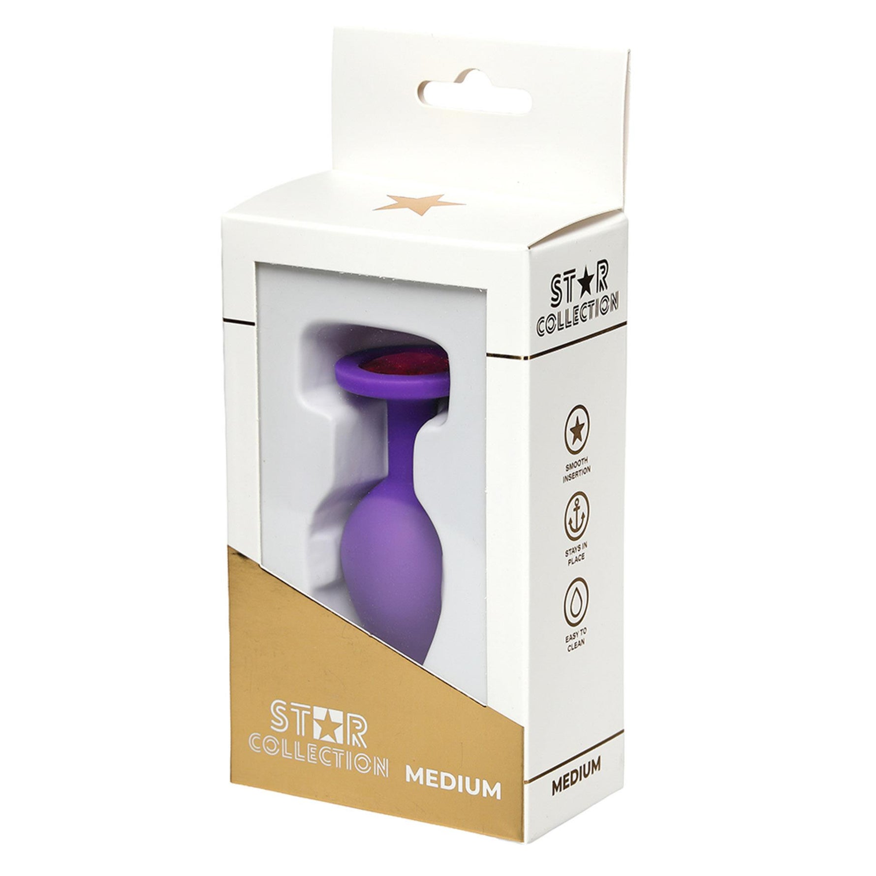 Colecția Star - Dop anal din silicon violet M cu piatră roz