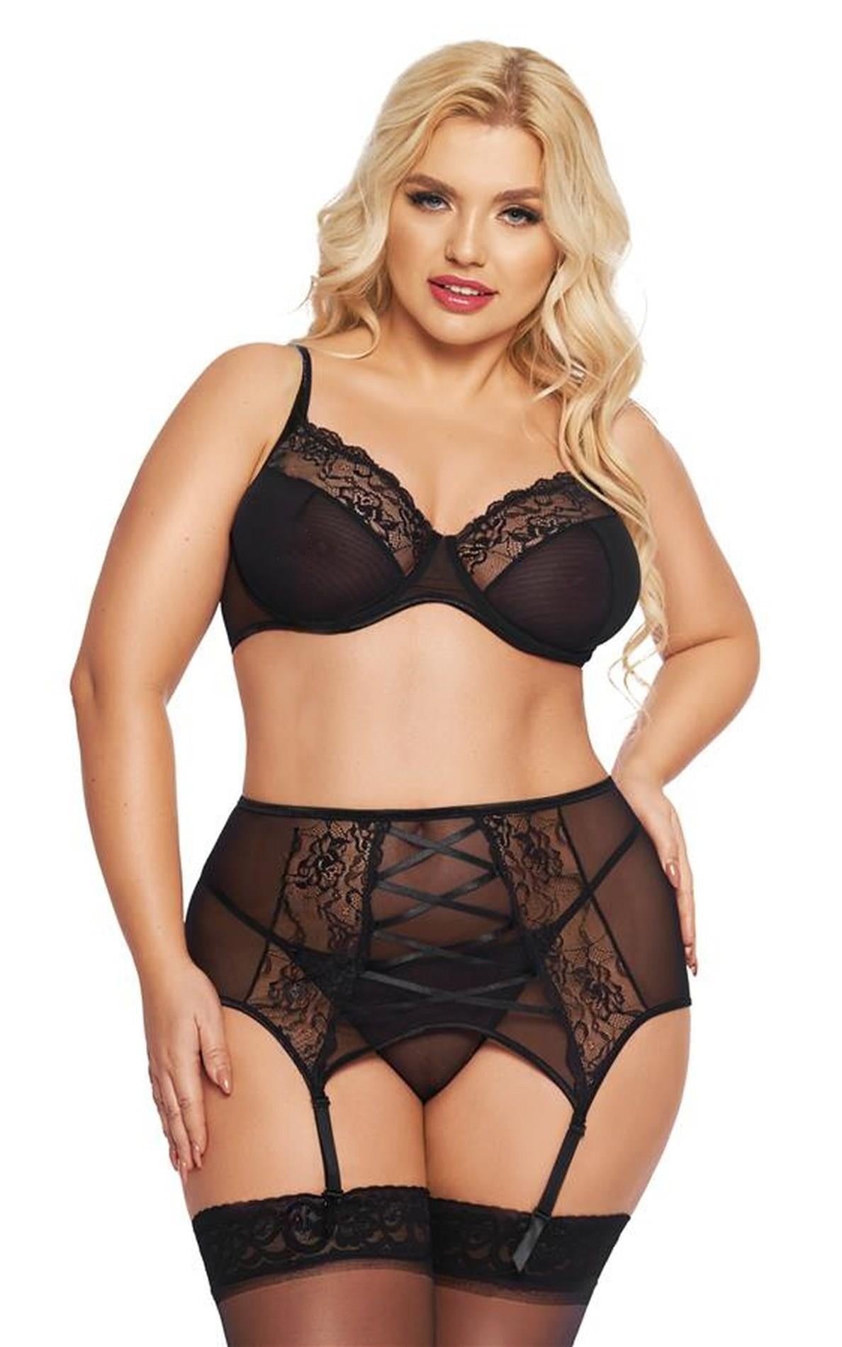 Set de lenjerie intimă din dantelă SoftLine Collection cu șireturi, negru, XL