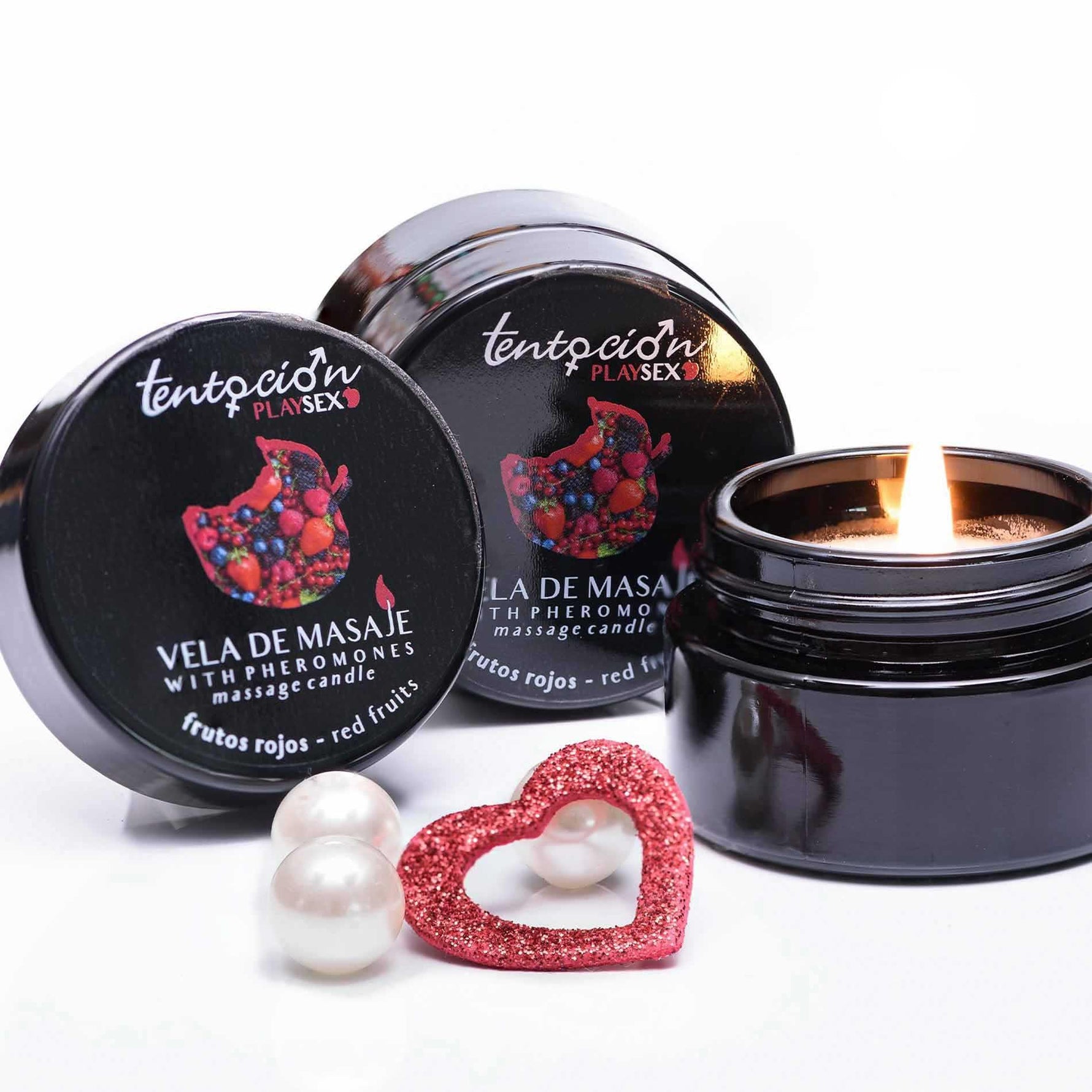 Lumânare de masaj cu fructe roșii Tentación Play Sex cu feromoni 20ml
