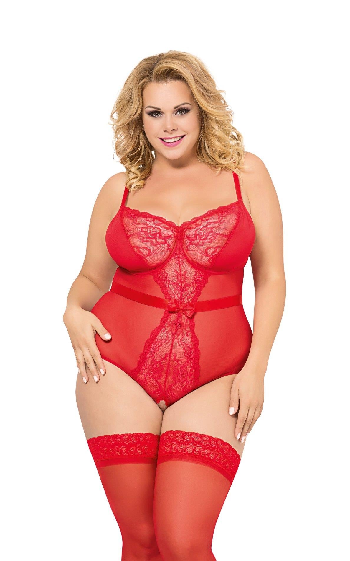 Body erotic din dantelă tip plasă Amelia roșu 4XL SoftLine