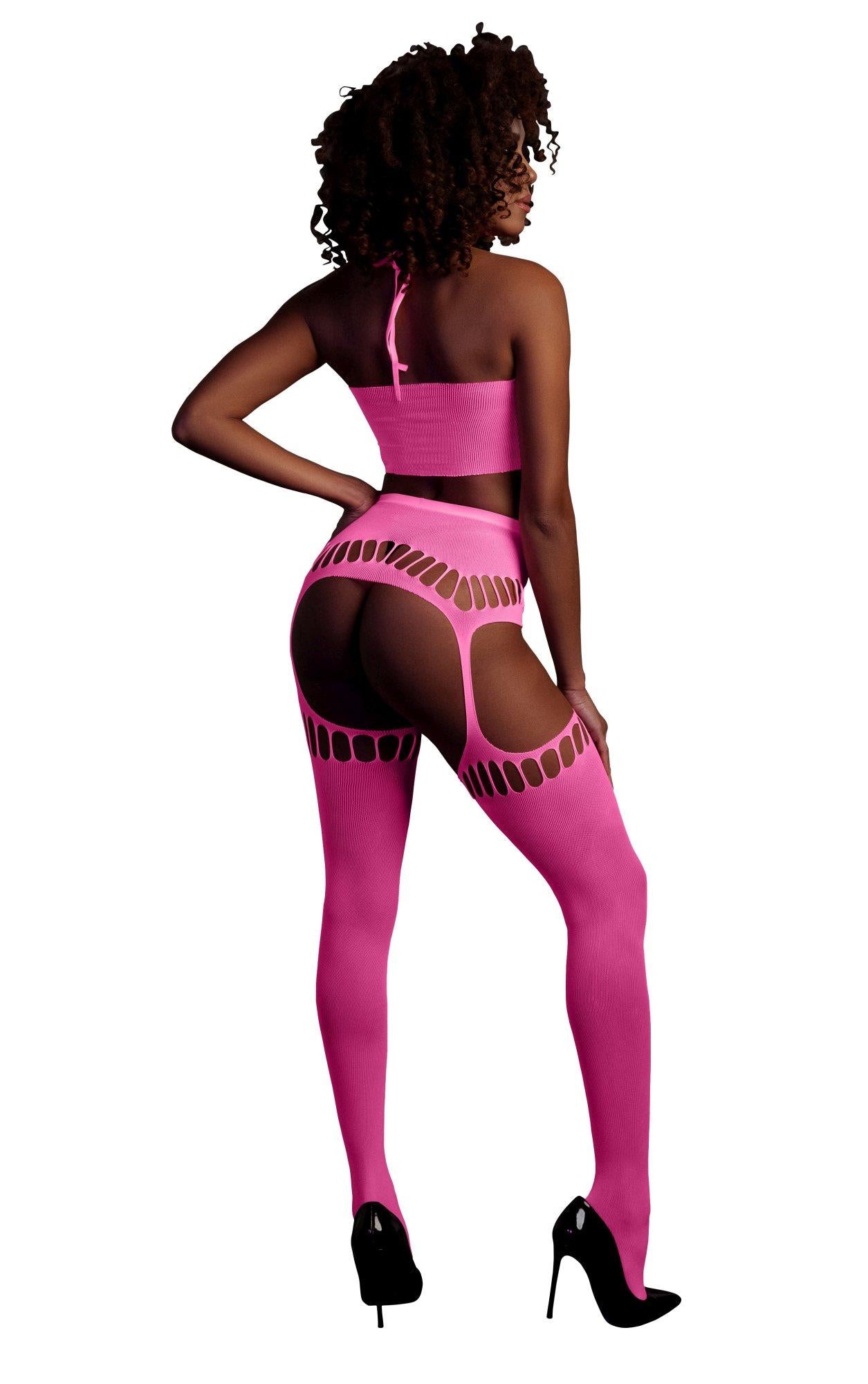 Set lenjerie intimă Ouch roz neon cu top și ciorapi XS/XL