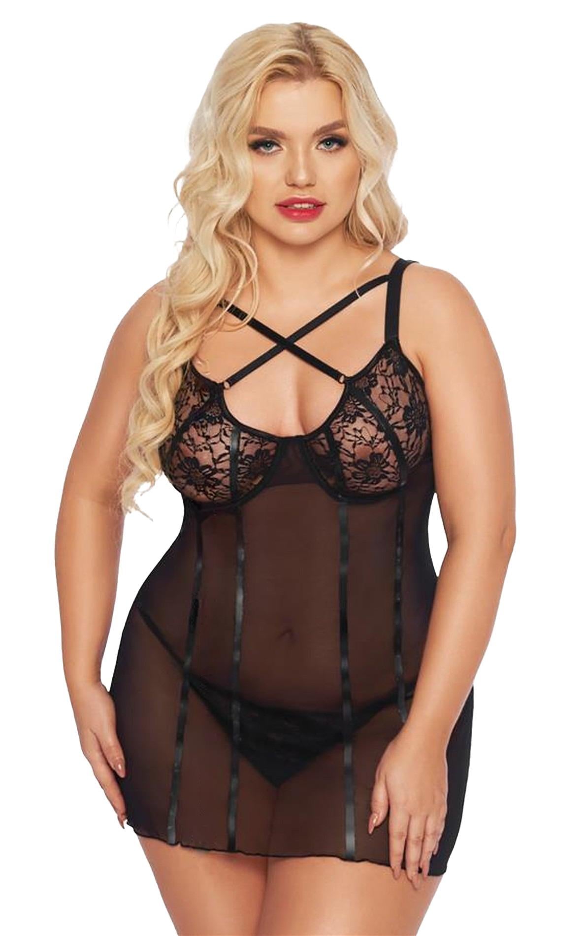 Cămașă de noapte Cornelia din dantelă SoftLine Negru XL