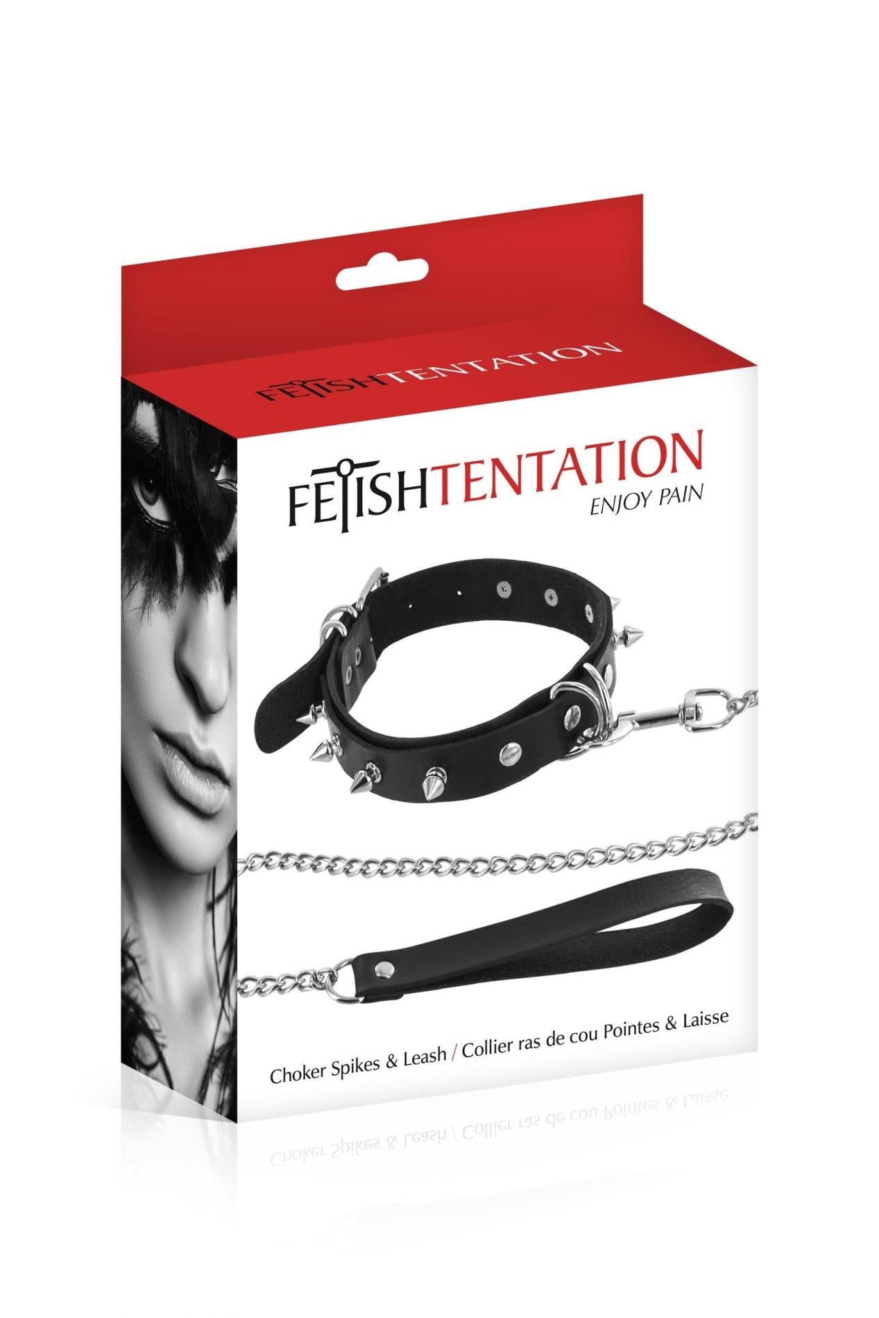Fetish Tentation Zgardă și lesă cu spike din metal negru