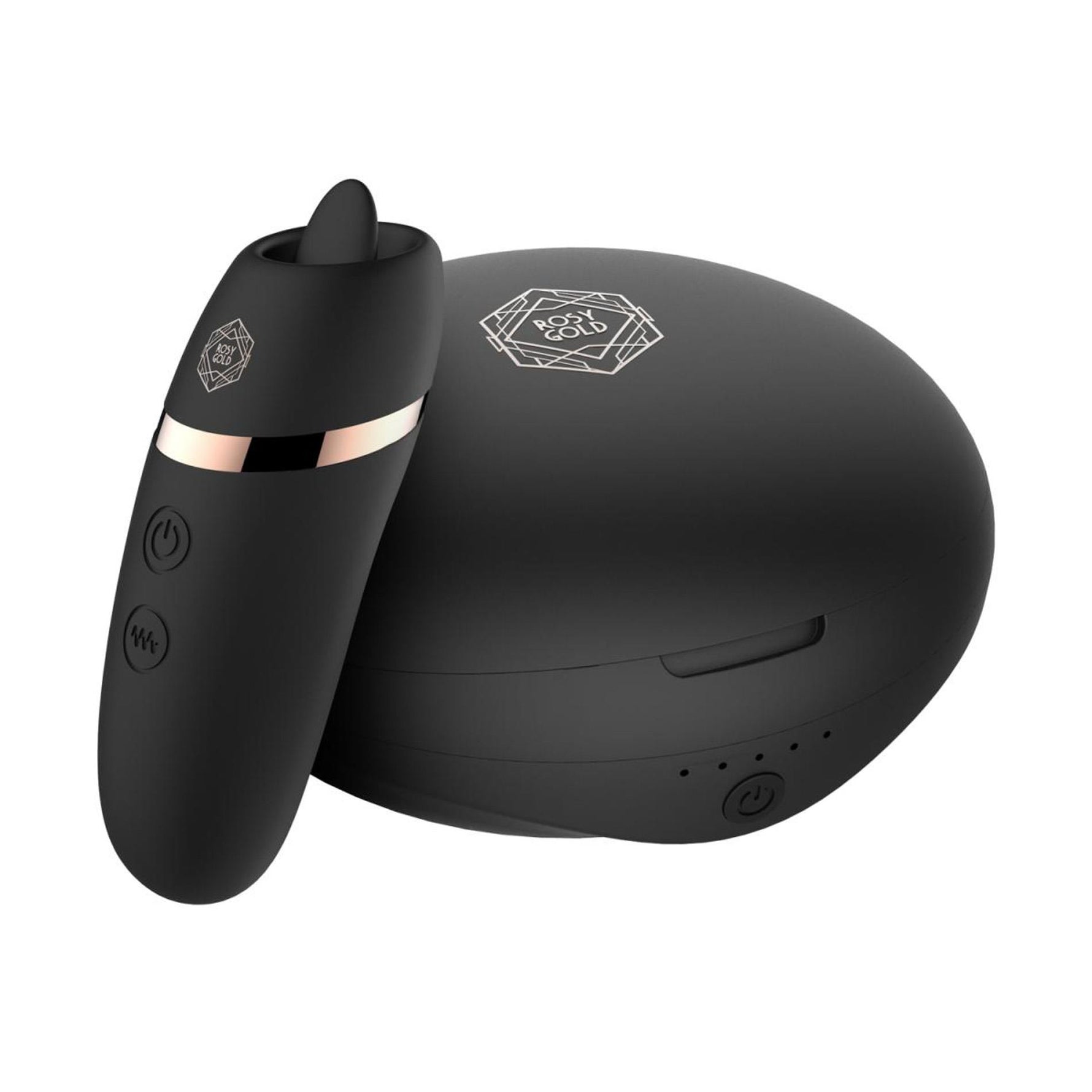 Stimulator de lins Rosy Gold cu carcasă de încărcare, negru
