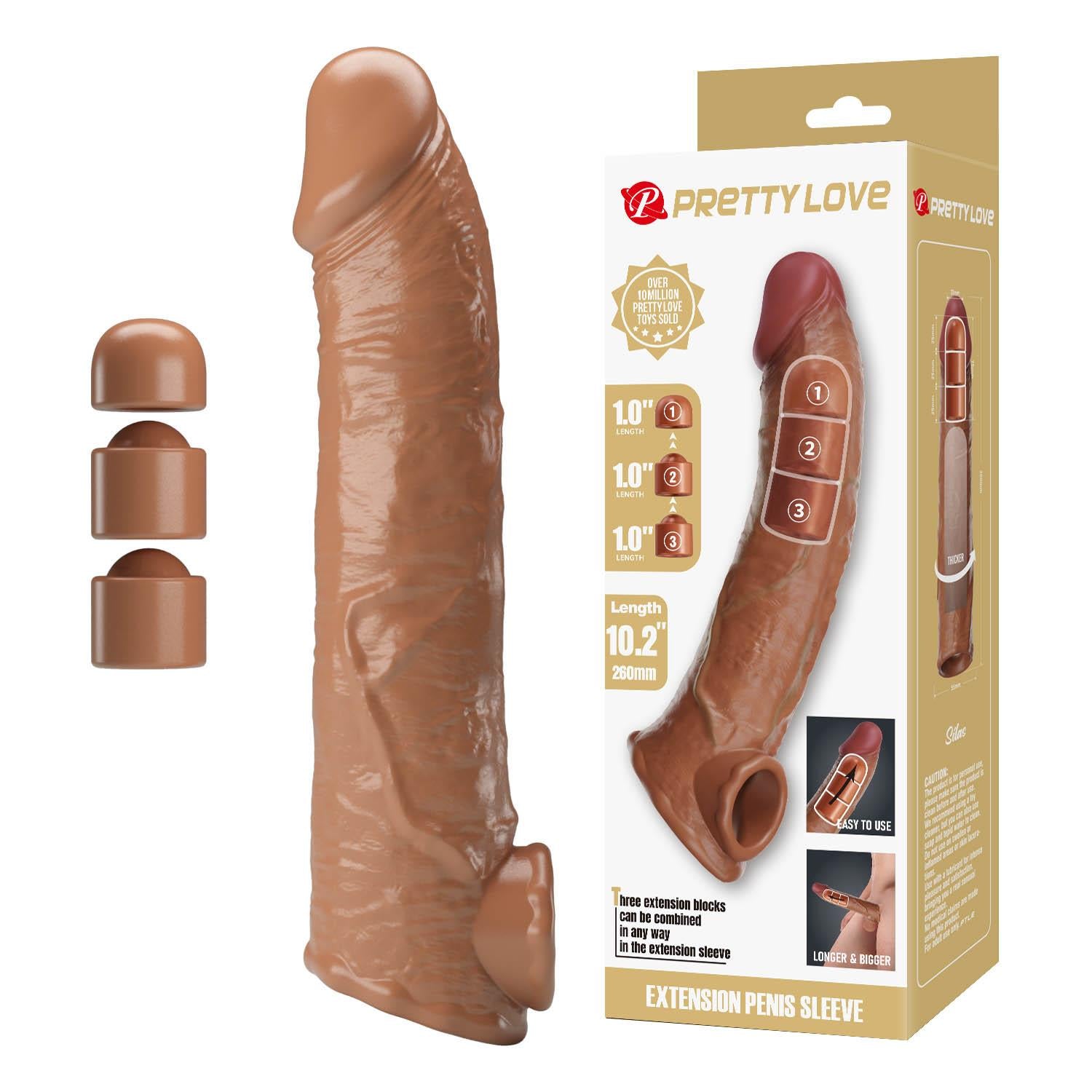 Prelungitor de penis Pretty Love cu inserții interschimbabile, maro închis, 26 cm