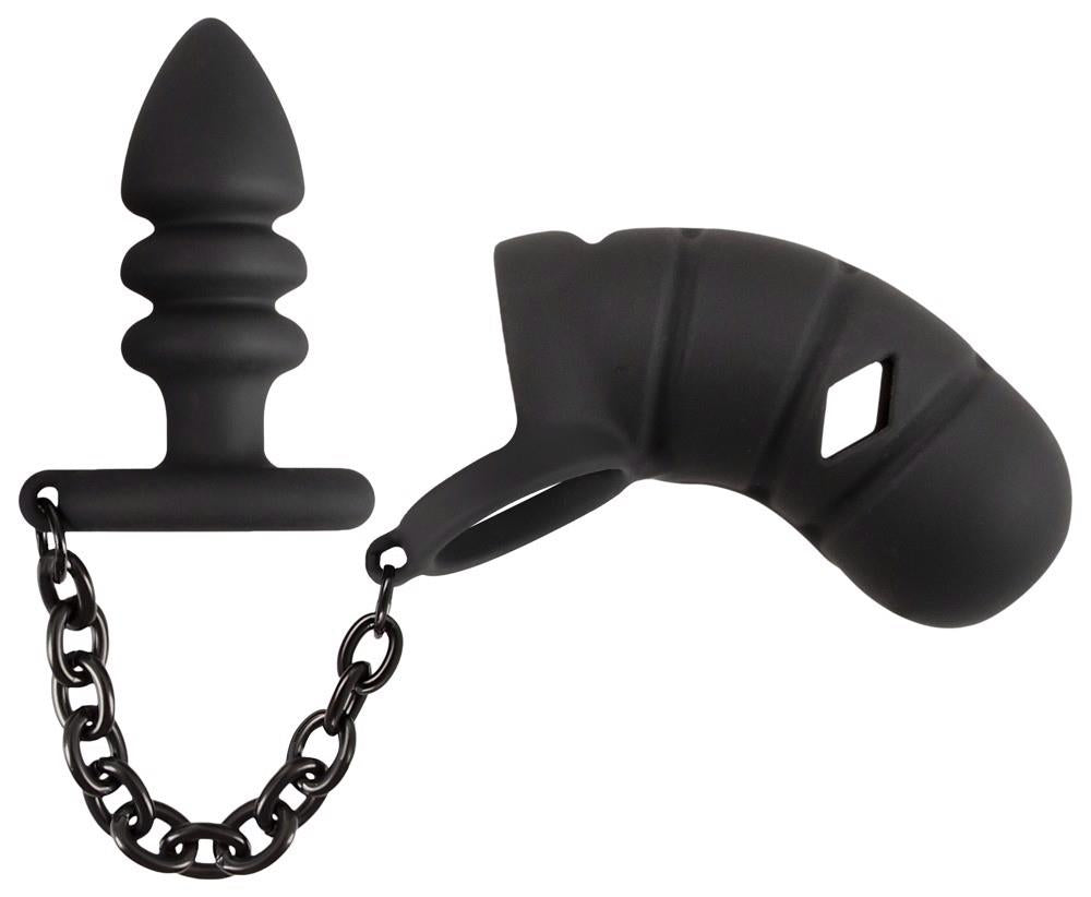 Cușcă pentru penis Black Velvets din silicon cu dop anal