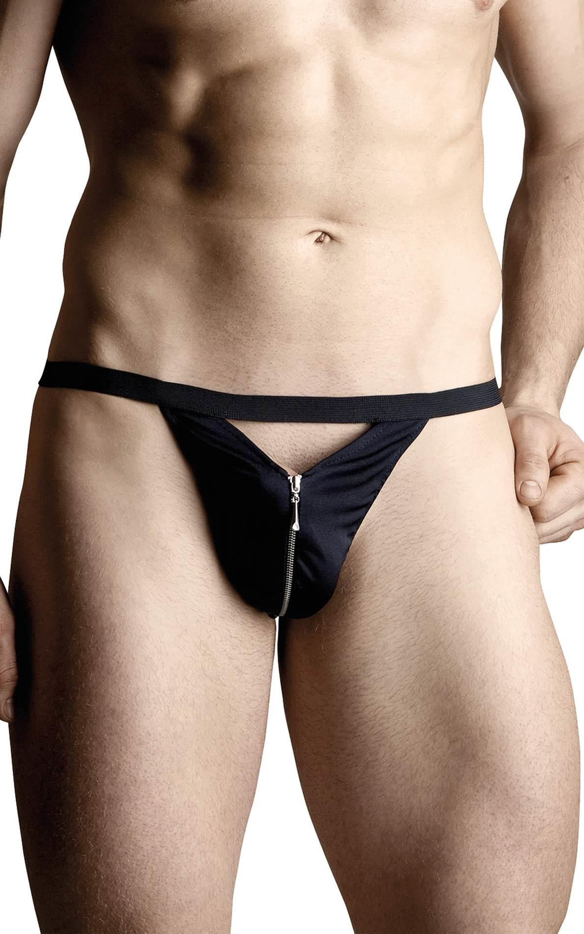 Tanga satinată SoftLine 4497 ​​cu fermoar, neagră, mărimea S/L