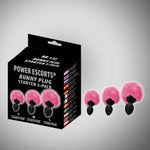 Set de 3 dopuri anale Power Escorts cu coadă de iepuraș, negru și roz