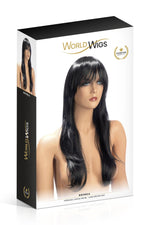 Perucă lungă neagră Brenda Brun cu breton World Wigs