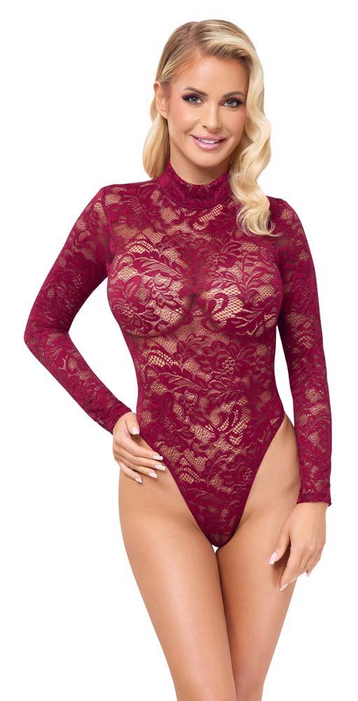 Body Cottelli LINGERIE din dantelă bordo, mărimea XL, cu mâneci lungi