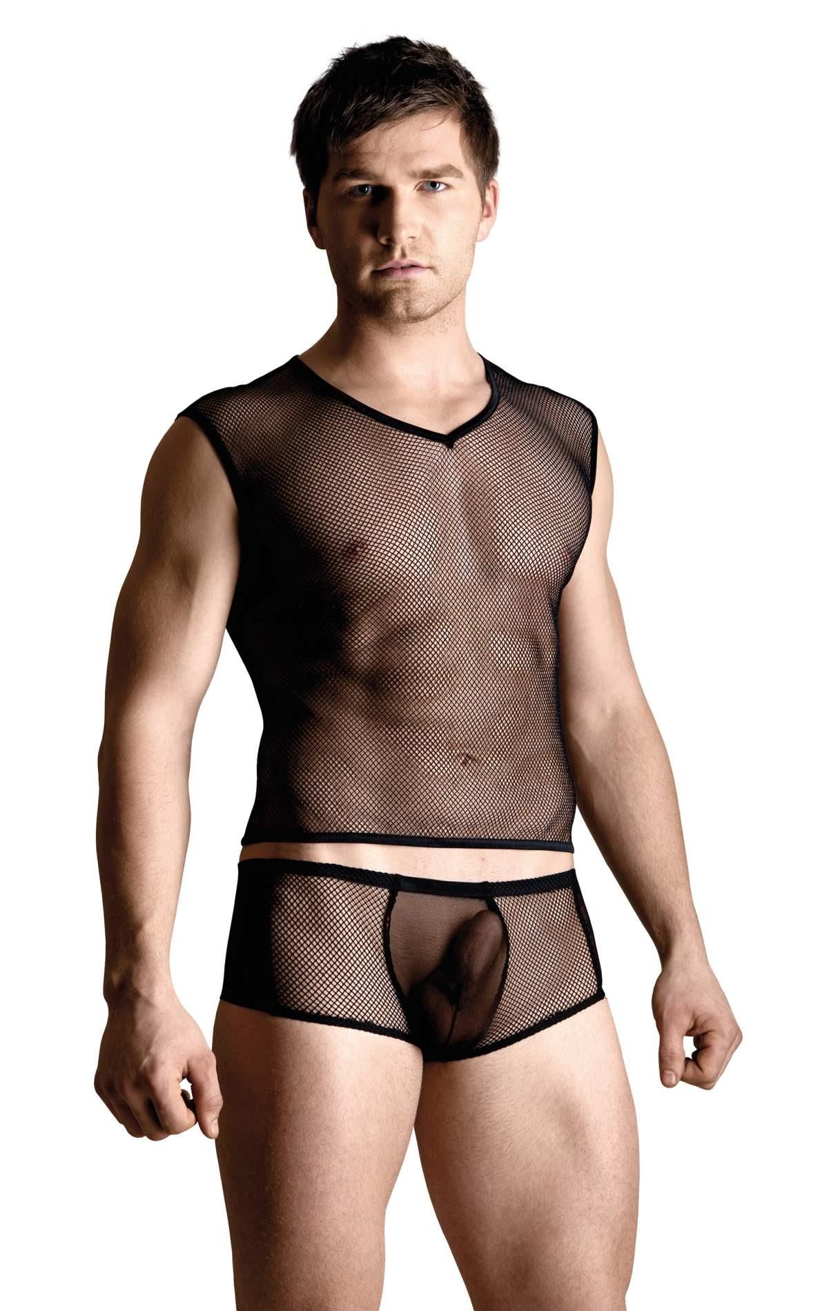 Set SoftLine din plasă, cămașă și tanga, negru, XL