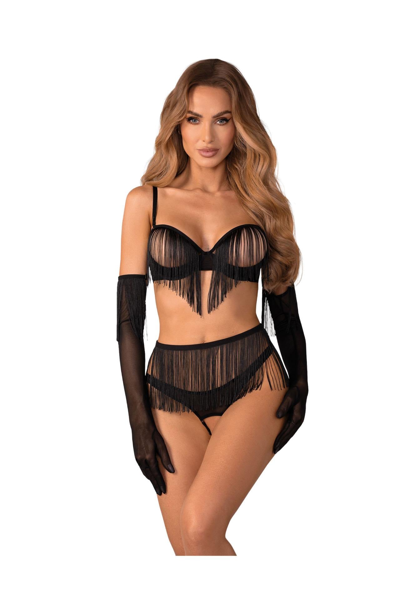 Set deschis Rossay Obsessive negru de 4 piese, mărimea S/M