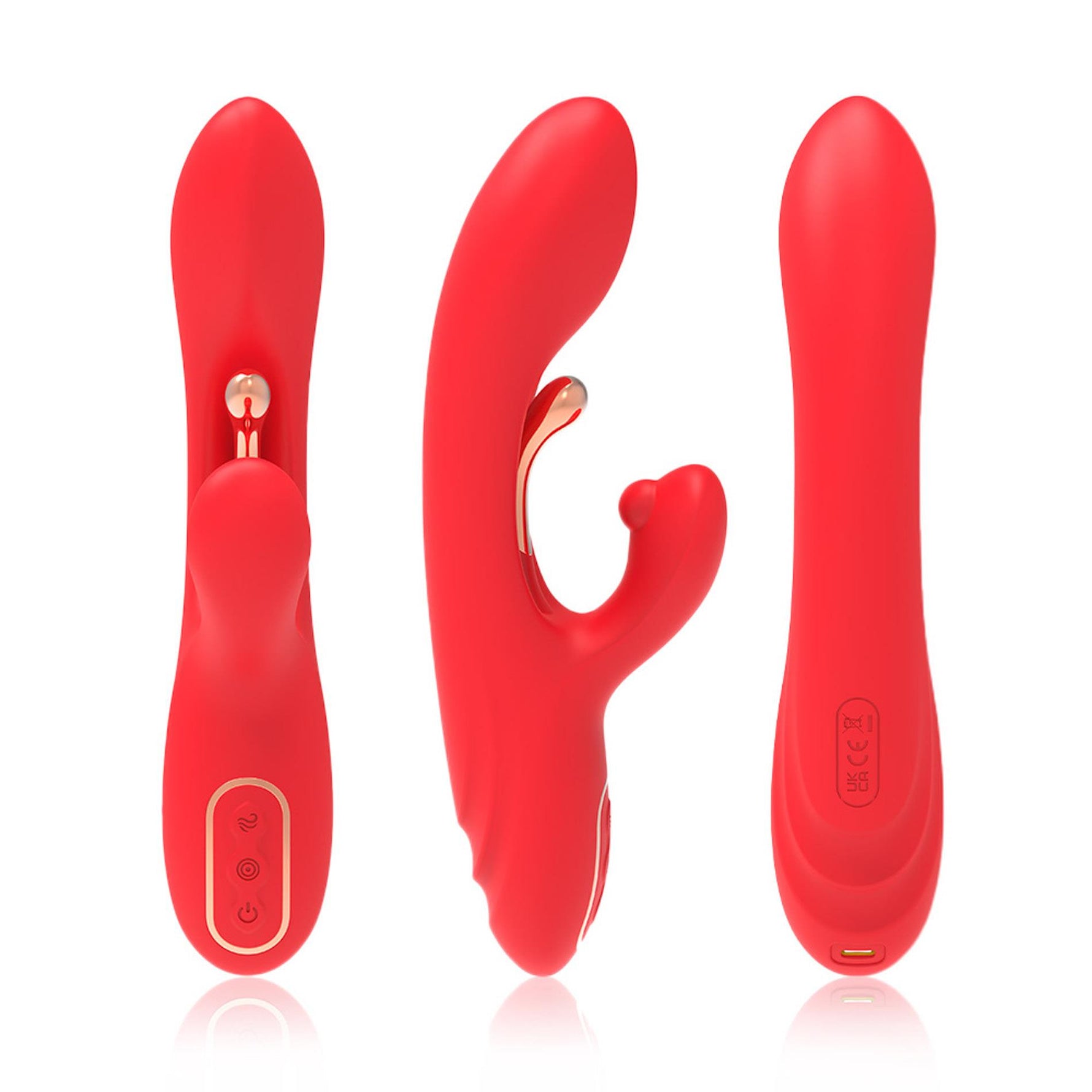 Vibrator Nirvana Iepuraș Roșu cu Trei Puncte din Silicon, USB, 22 cm