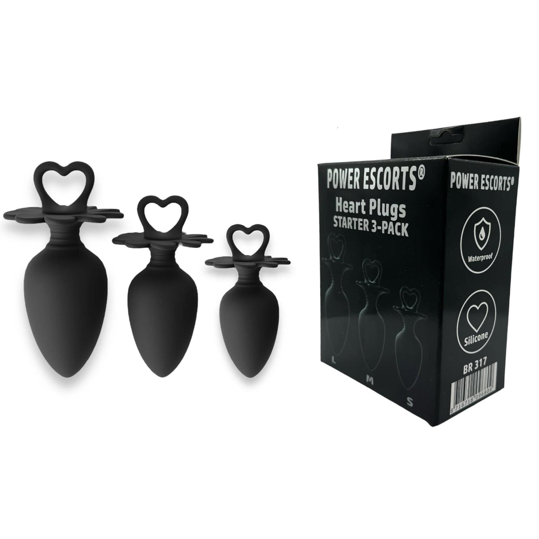 Set de dopuri anale Power Escorts Heart din silicon, mărime S, M, L, negru