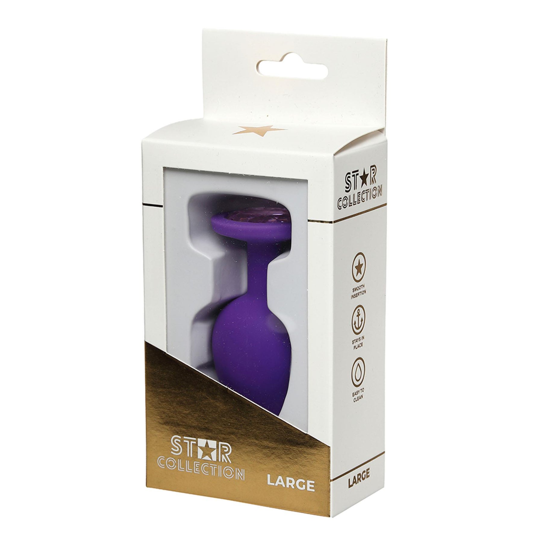 Dop anal din silicon violet, mărime L, cu piatră roz deschis