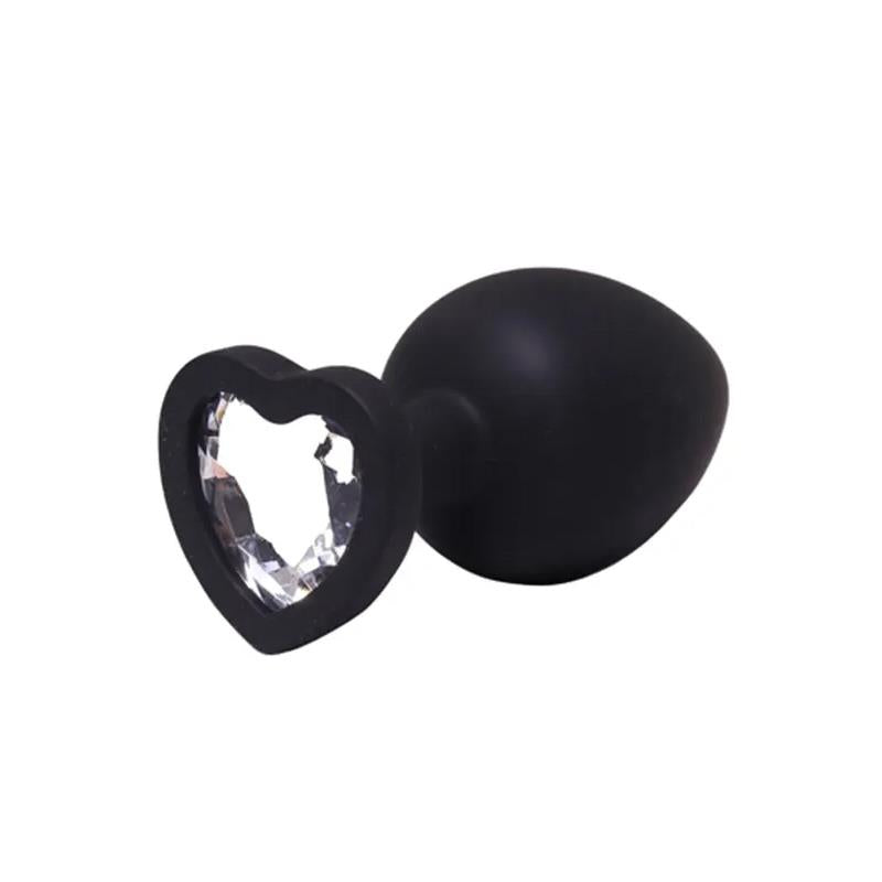 Plug anal Fantasy din silicon negru cu inimă și diamant 8 cm