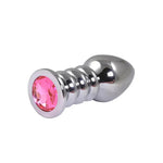 Plug anal Fantasy argintiu cu nervuri, mare, 10,5 cm, cu cristal roz