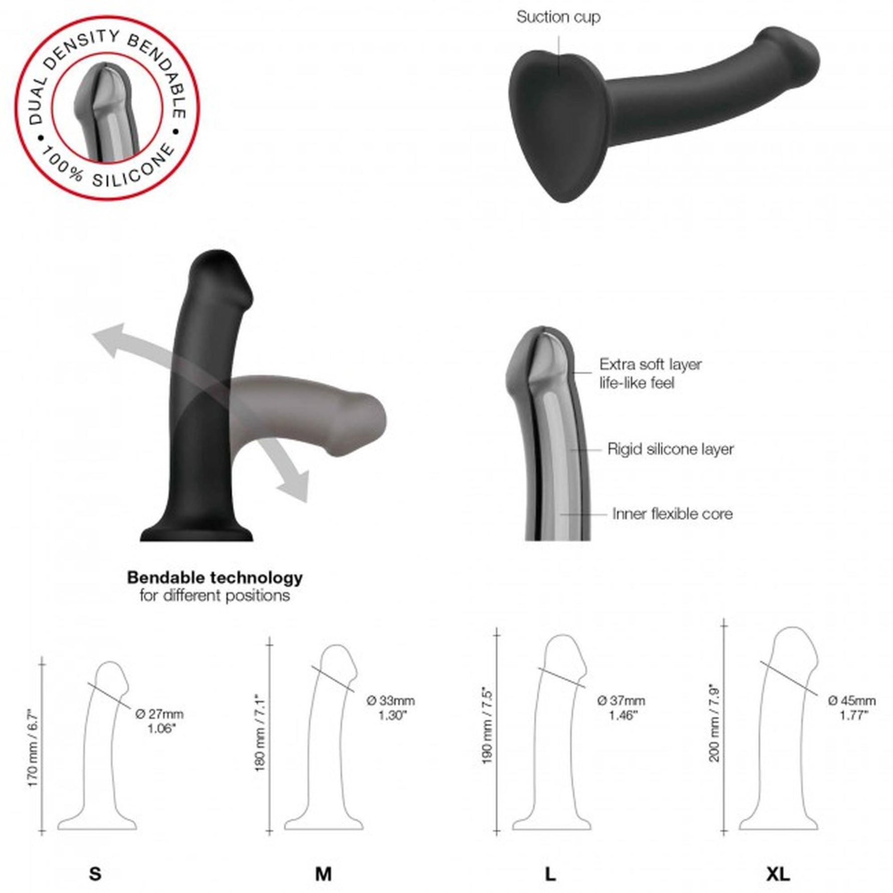 Dildo flexibil din silicon, curea de prindere, negru, M