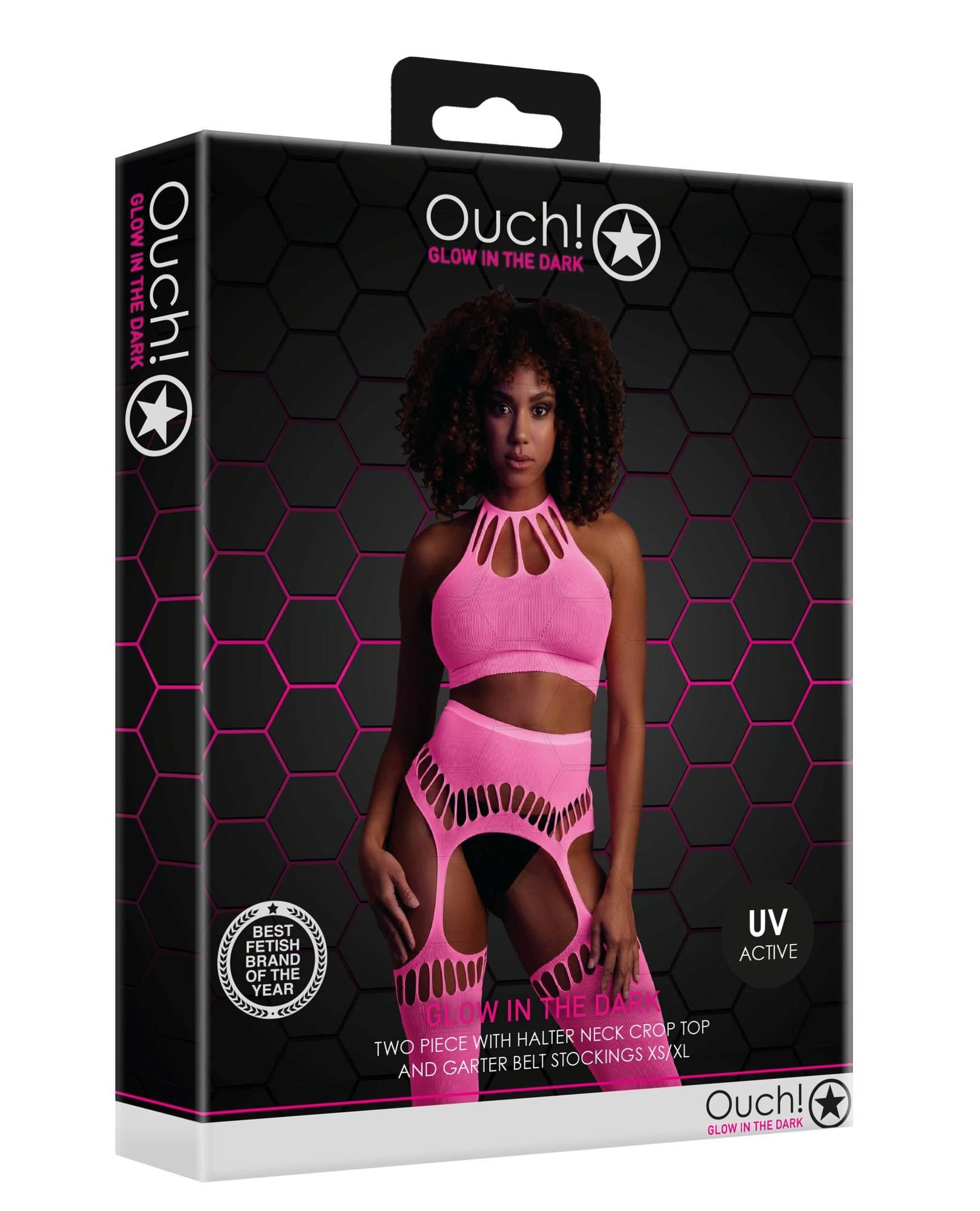 Set lenjerie intimă Ouch roz neon cu top și ciorapi XS/XL