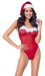 Body roșu Cottelli LINGERIE cu pene și pălărie, mărimea S/M