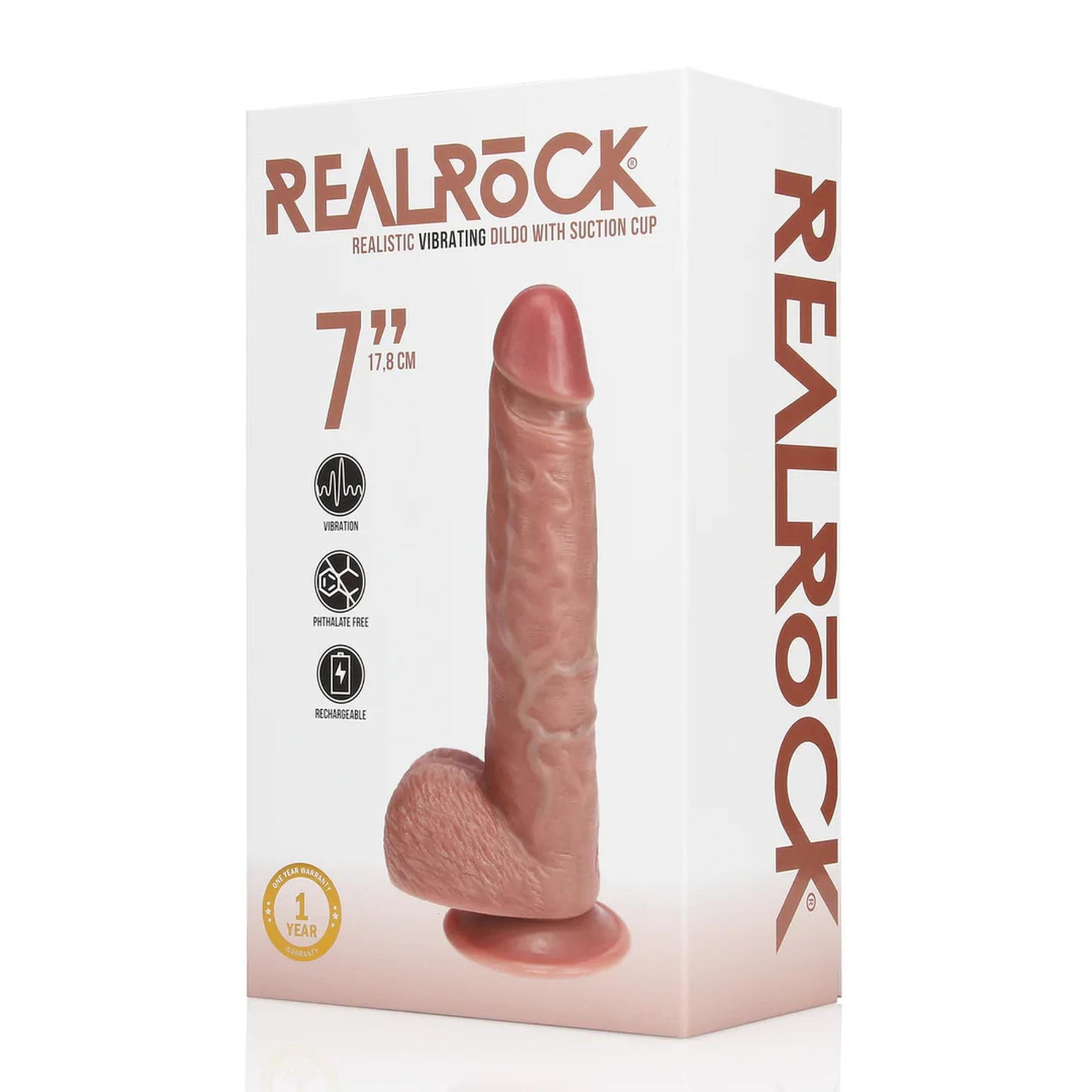 Vibrator realist RealRock cu testicule, culoarea pielii, 18 cm