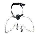 Ball Gag respirabil Fantasy cu cleme reglabile pentru mameloane