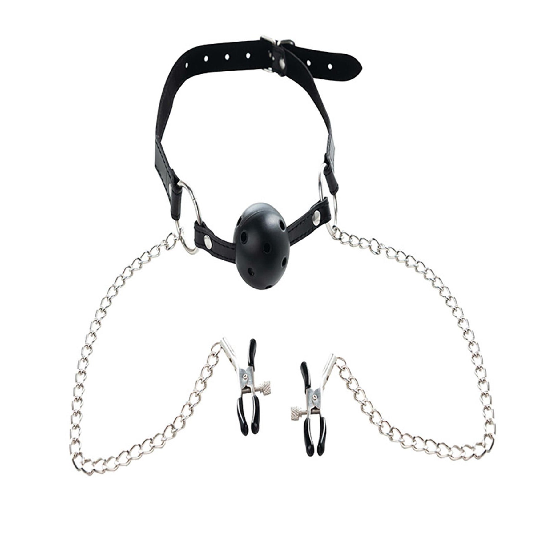 Ball Gag respirabil Fantasy cu cleme reglabile pentru mameloane