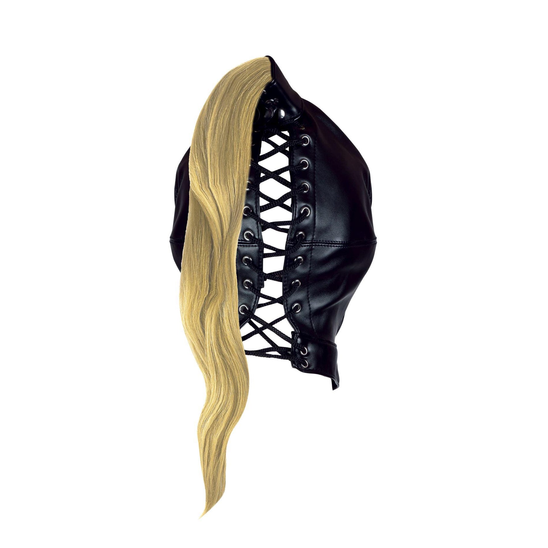 Mască BDSM Ouch! cu coadă blondă, neagră, 55 cm