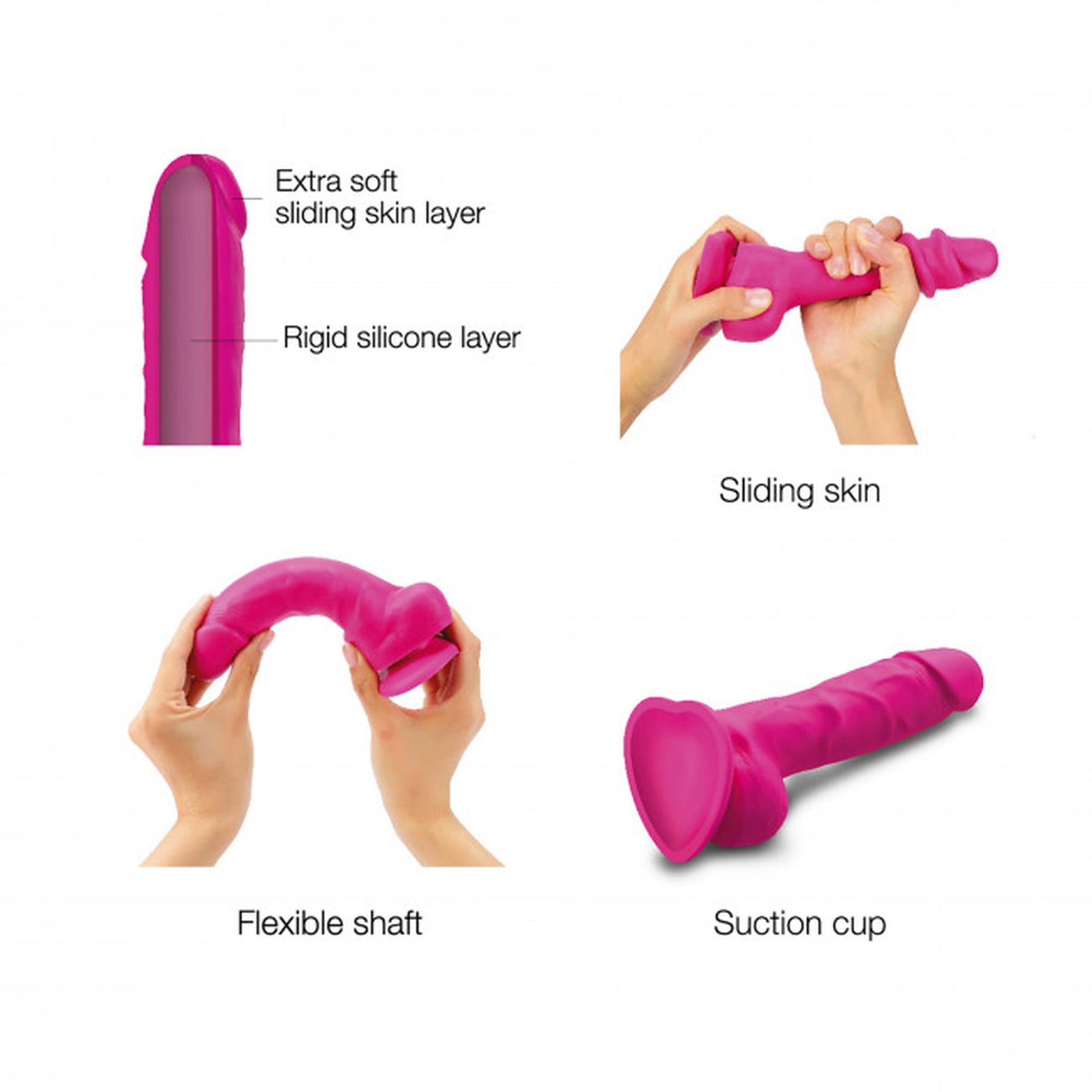 Dildo realist cu strap-on-me și piele glisantă, fuchsia, 17 cm