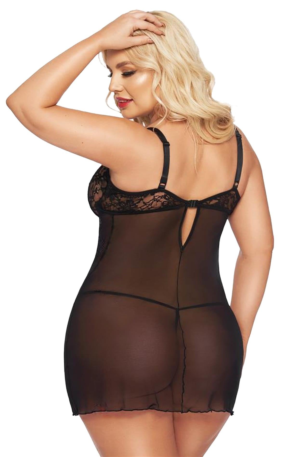Camasă erotică Cornelia, dantelă, SoftLine, neagră, 2XL