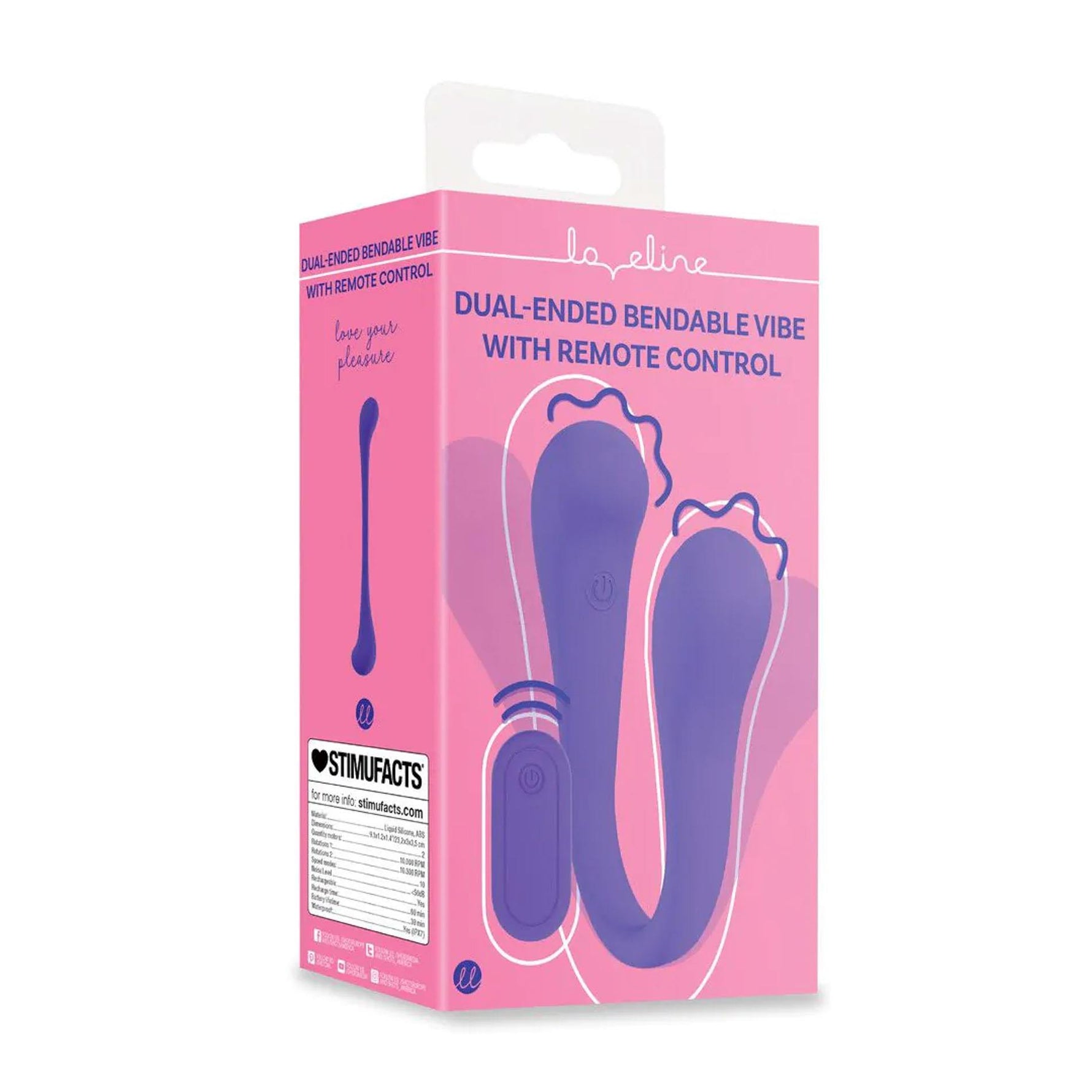 Vibrator Loveline flexibil din silicon cu două fețe și telecomandă, violet, 23 cm