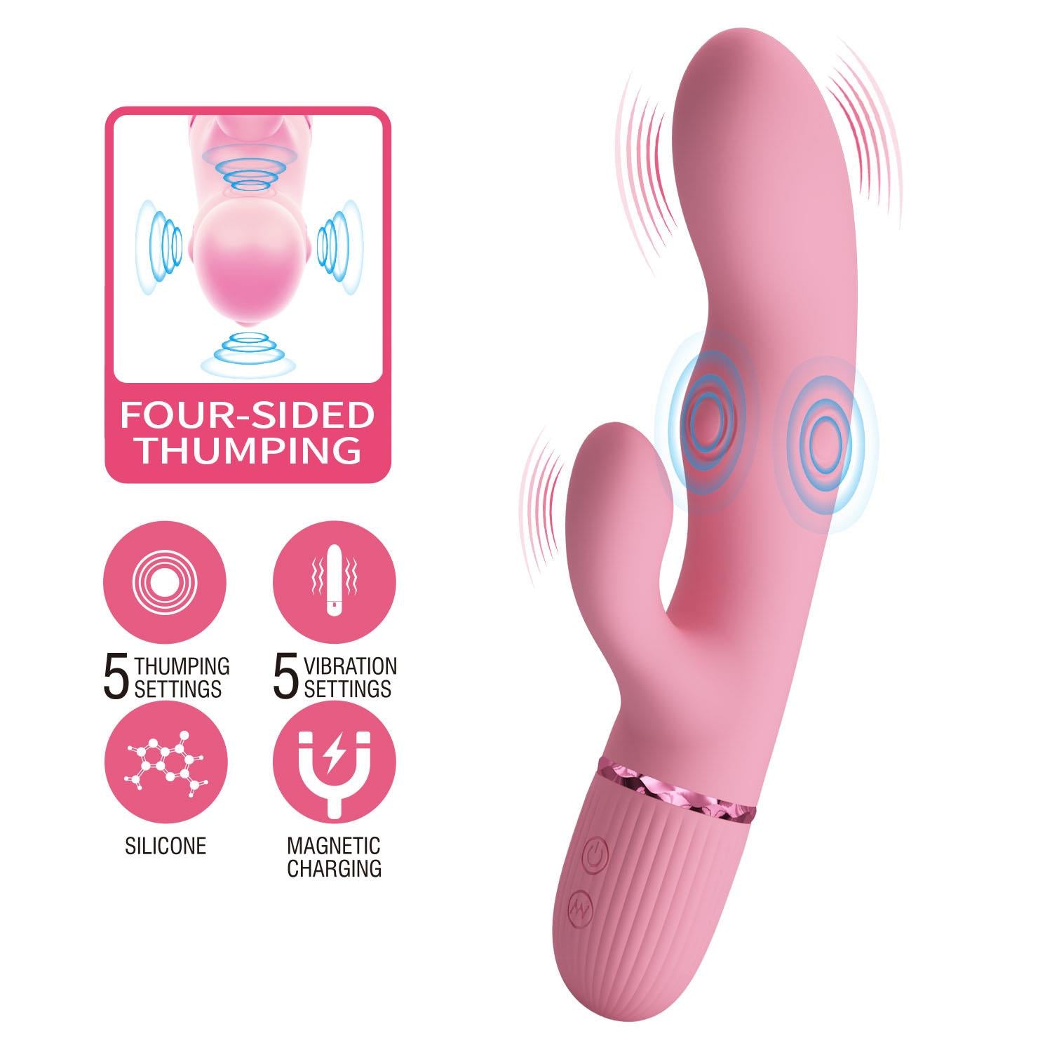Vibrator Pretty Love Zach din silicon roz, cu patru laturi, în formă de iepuraș