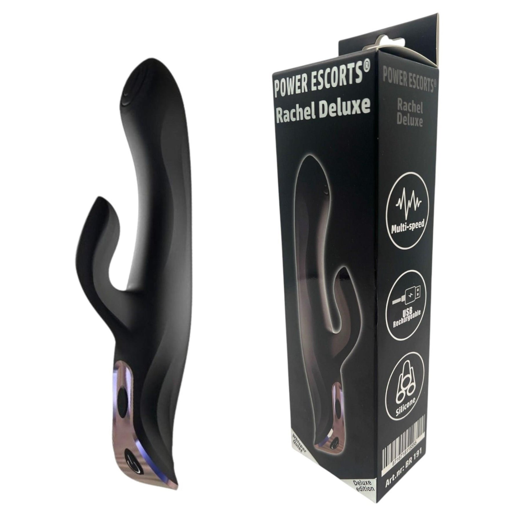 Vibrator Rachel Deluxe Power Escorts Bunny, silicon negru, USB, 23 cm