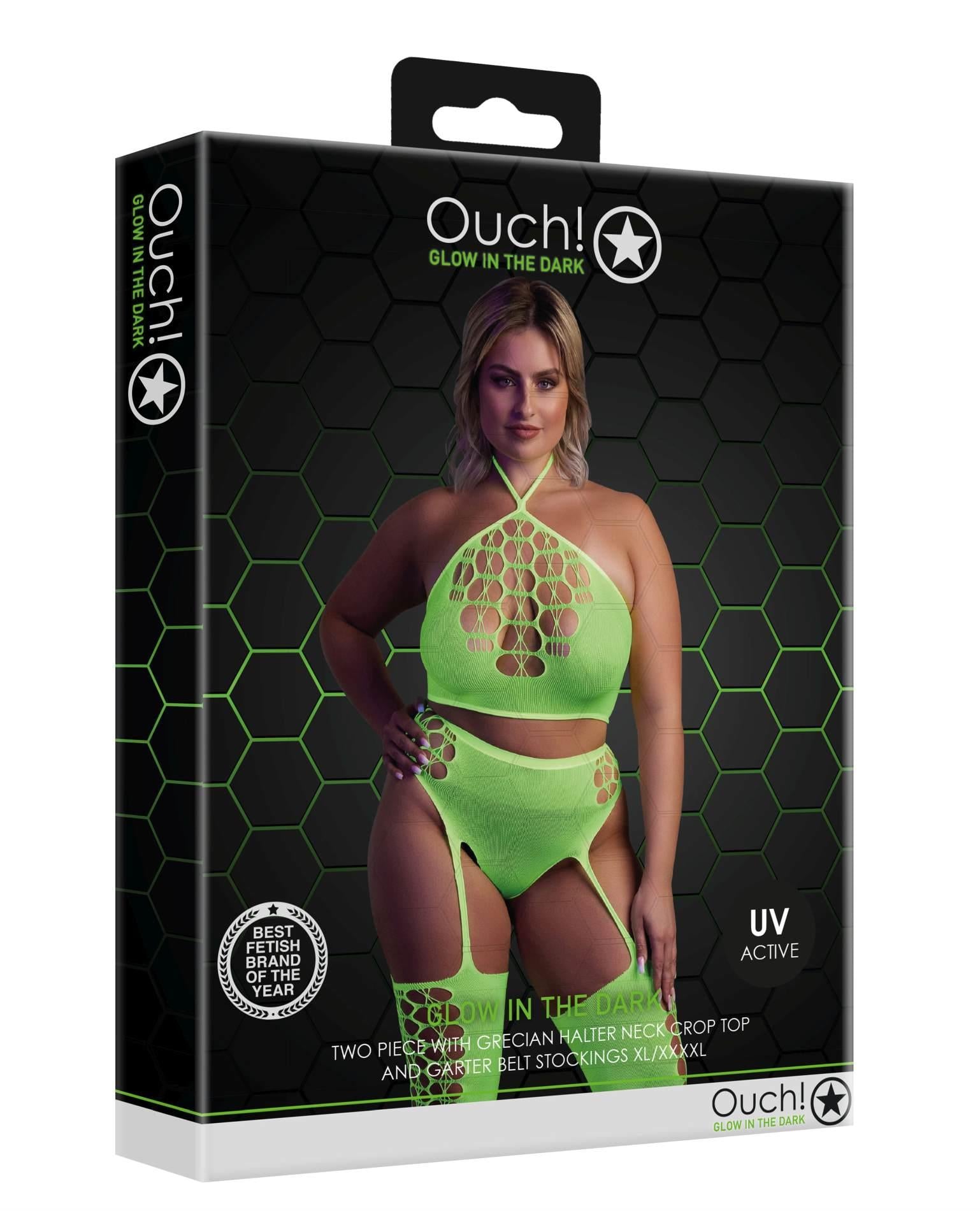 Au! Set lenjerie intimă cu top scurt neon și ciorapi XL/XXXXL
