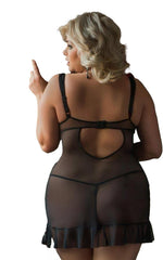 Bluză tip babydoll din dantelă și plasă Bianca, neagră, 4XL