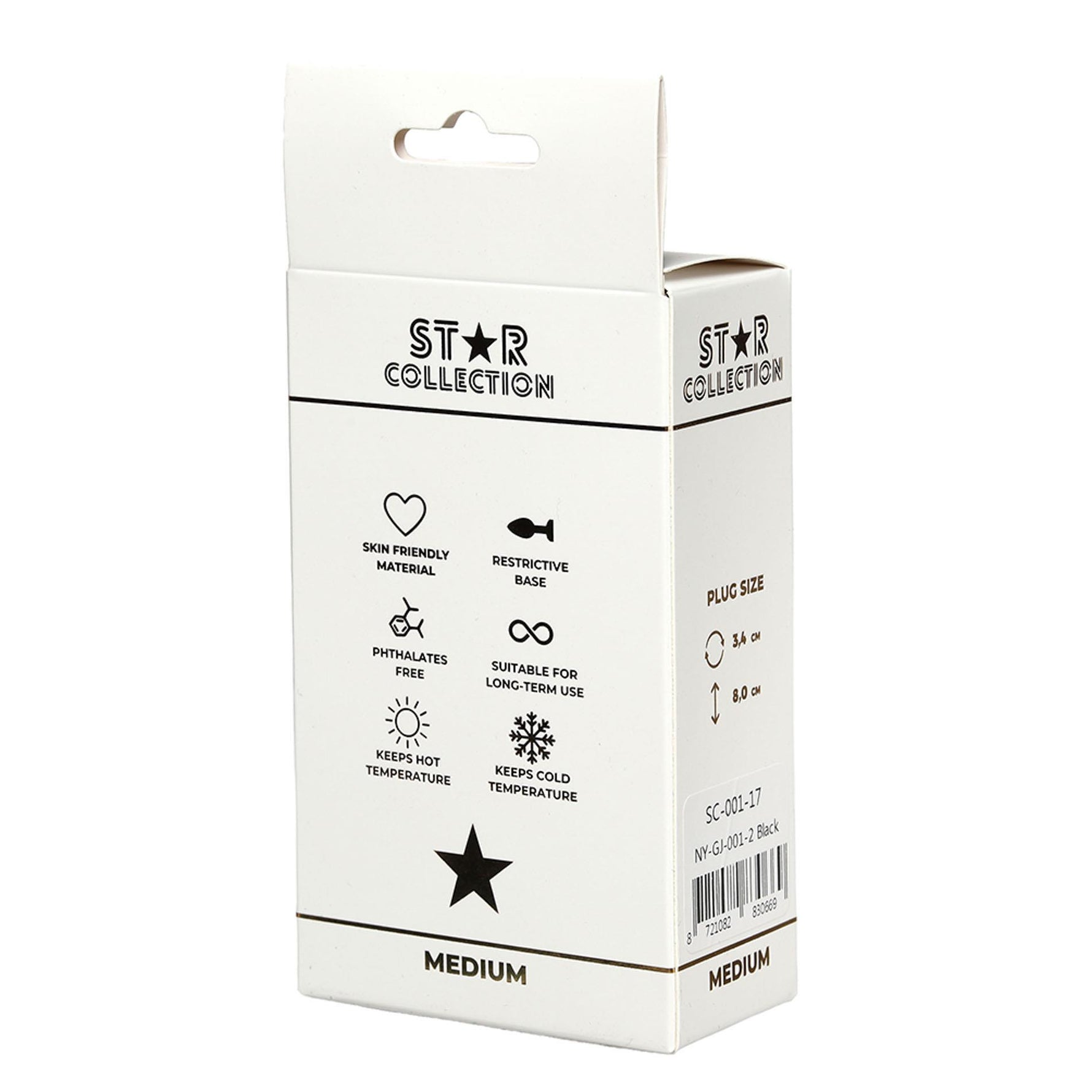Plug anal din silicon Star Collection negru M cu piatră roz 8,5 cm