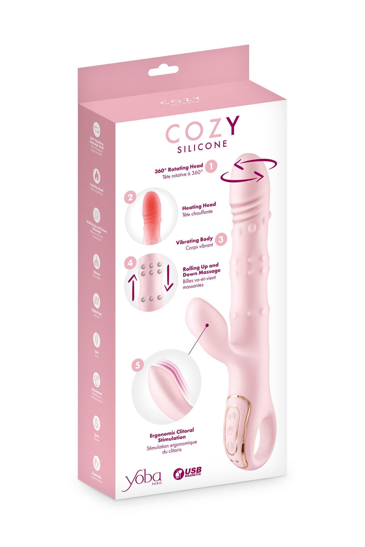 Vibrator USB roz încălzit Yoba Cozy cu aspect de iepuraș