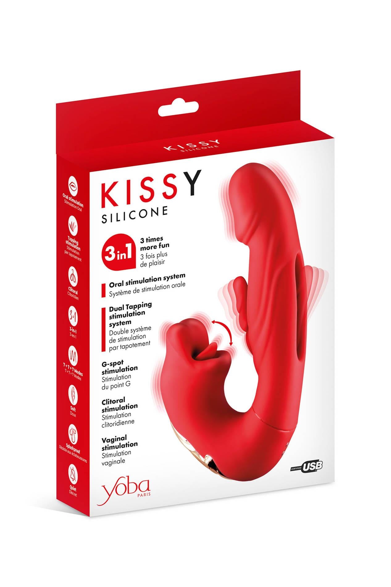 Vibrator USB Yoba Kissy 3 în 1 din silicon, tip iepuraș, 17,6 cm
