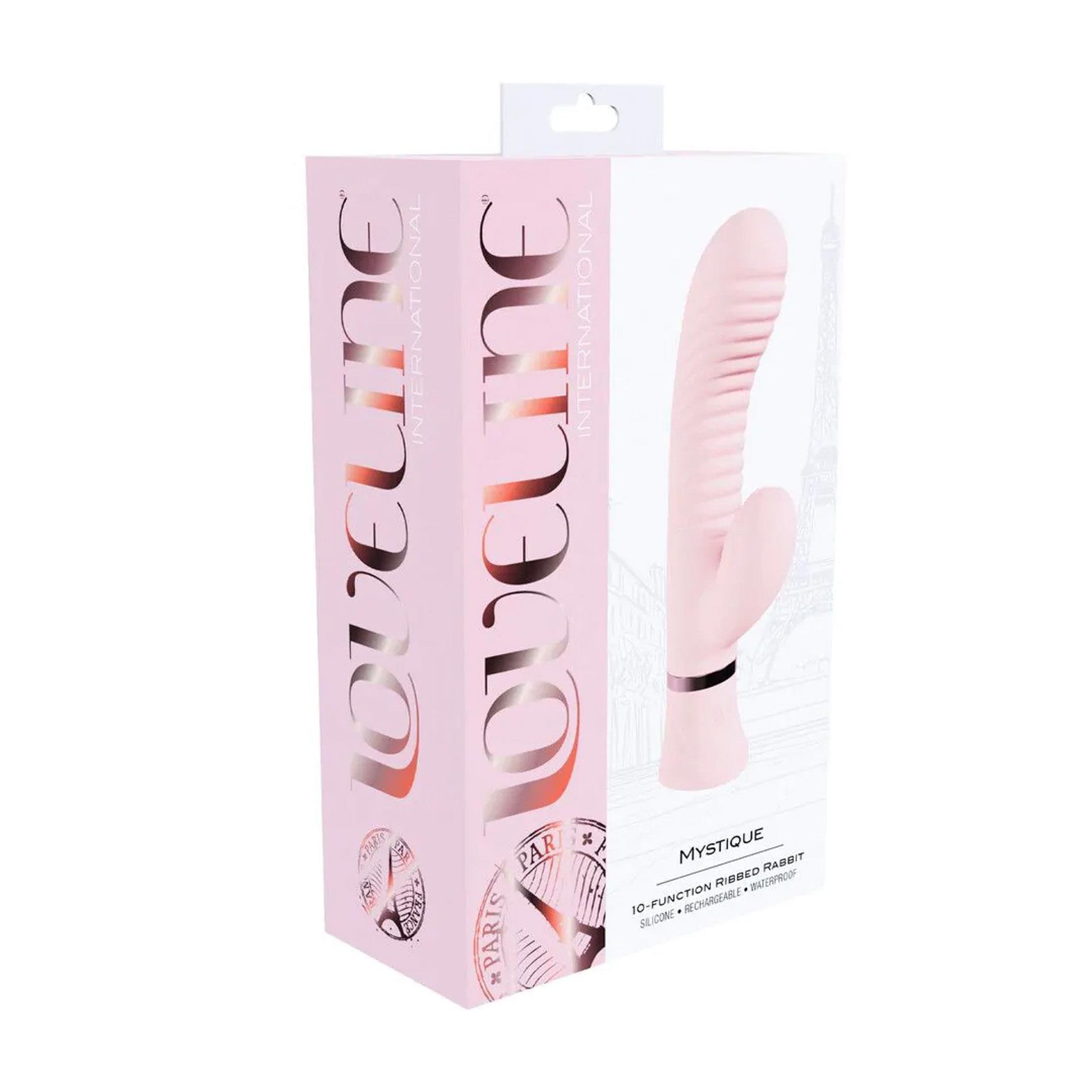 Vibrator Loveline Mystique cu nervuri, model iepuraș, roz, 15,9 cm