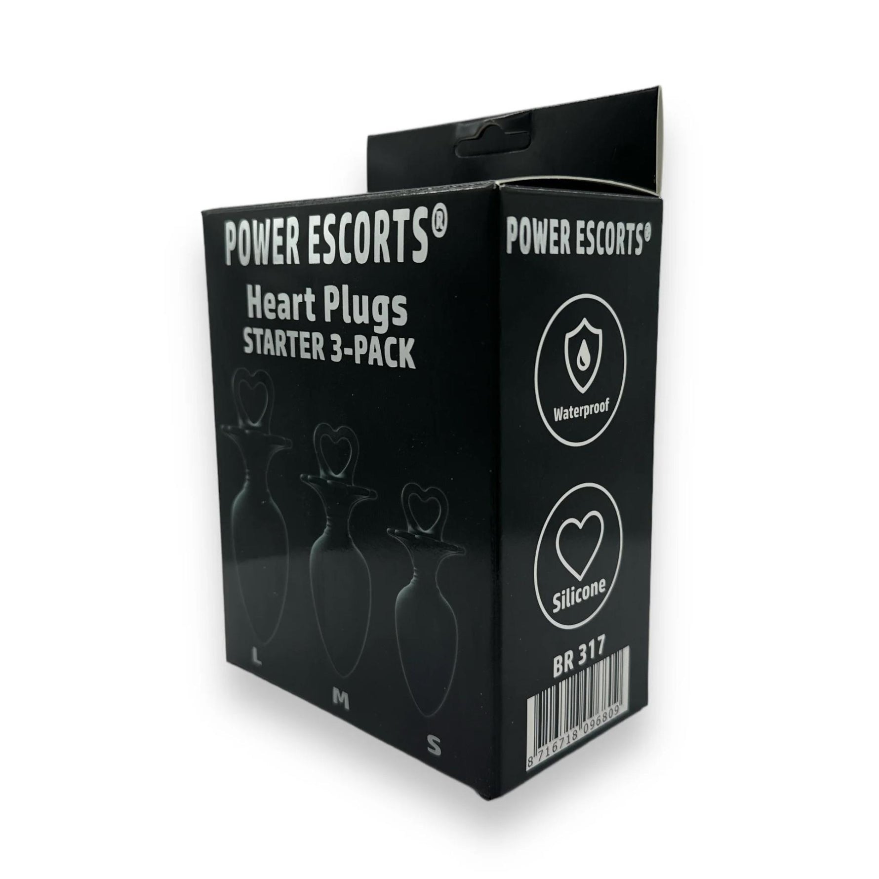 Set de dopuri anale Power Escorts Heart din silicon, mărime S, M, L, negru