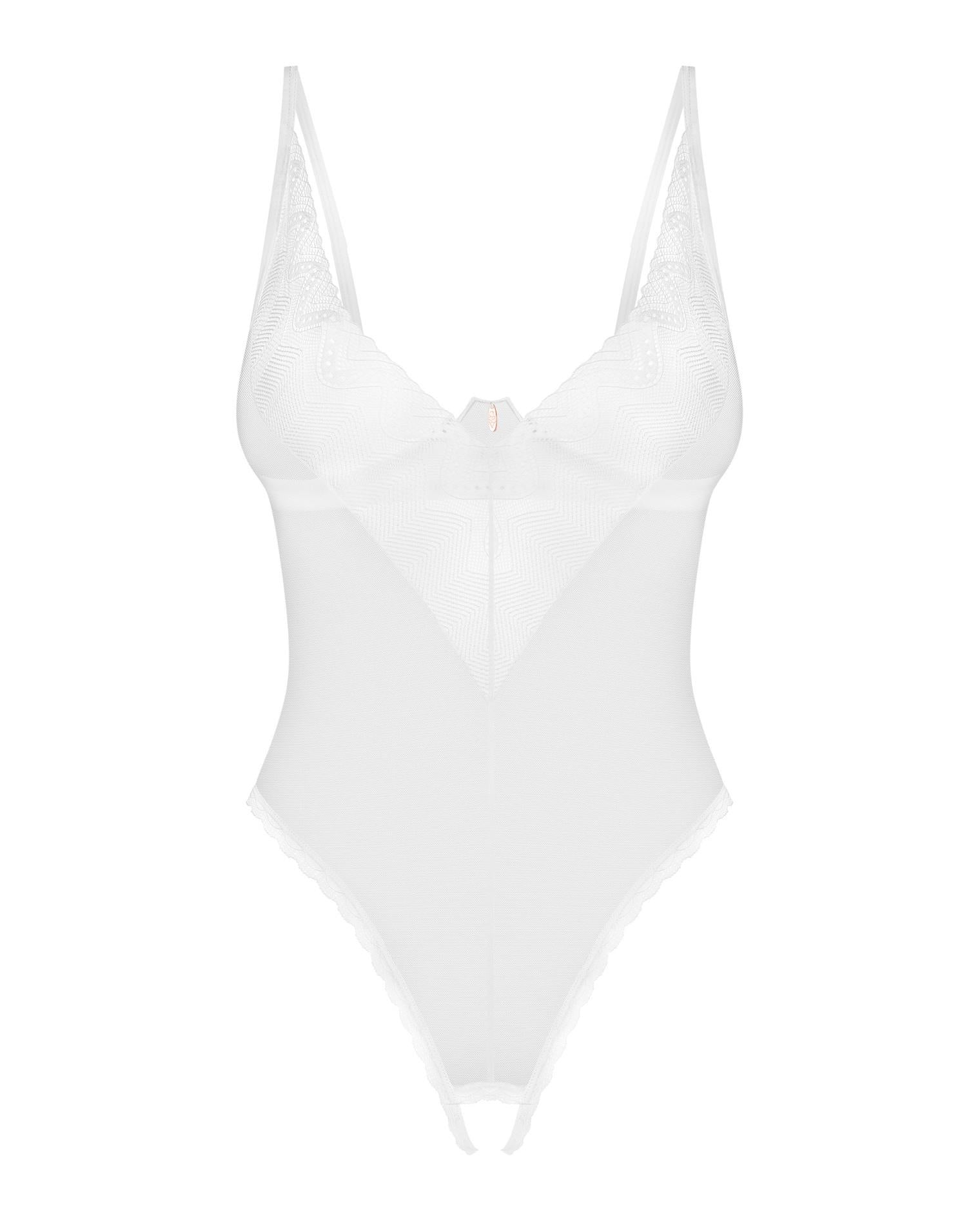 Body cu dantelă deschisă Alissium Obsessive alb M/L