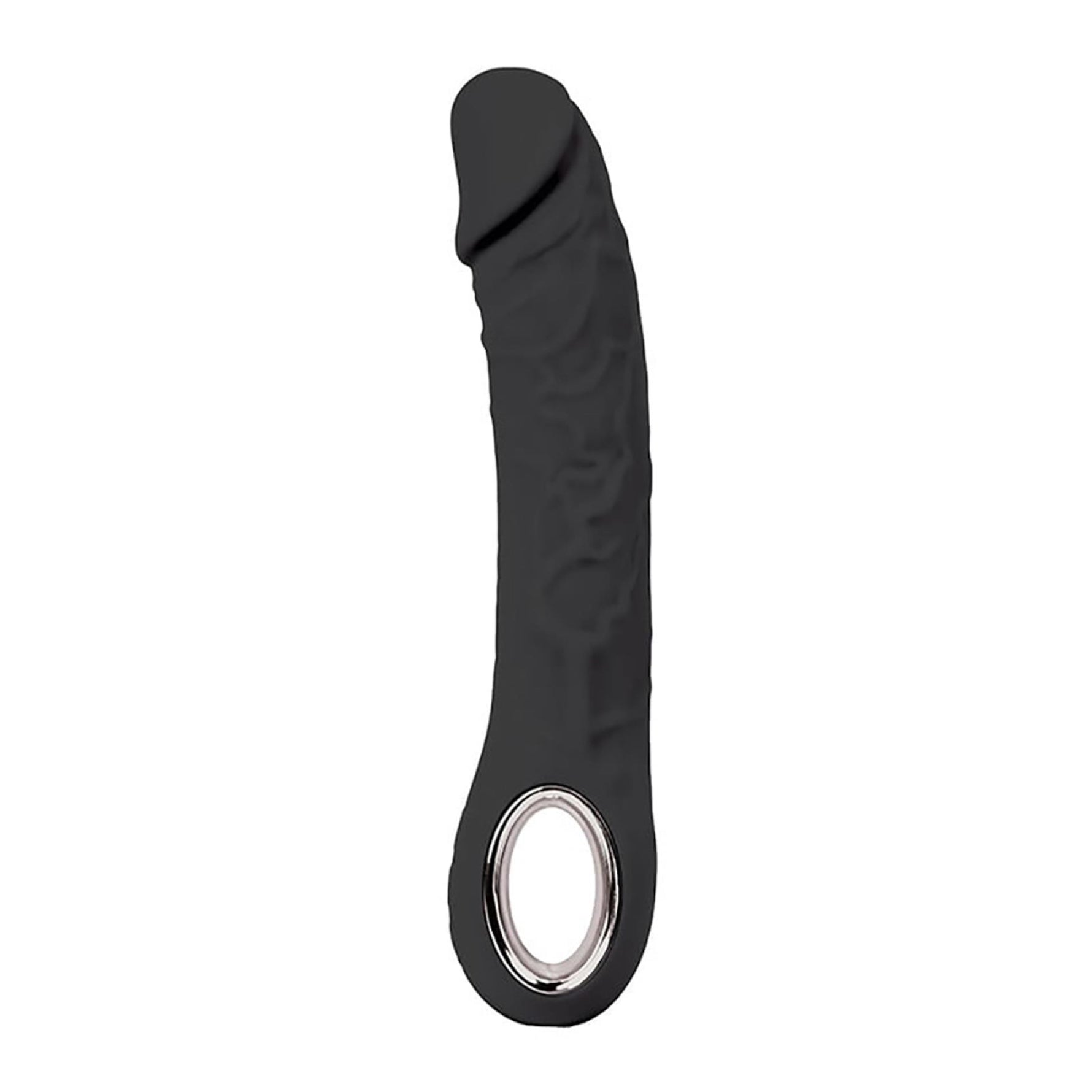 Vibrator realist fantezie, silicon negru, 22 cm, USB cu încălzire