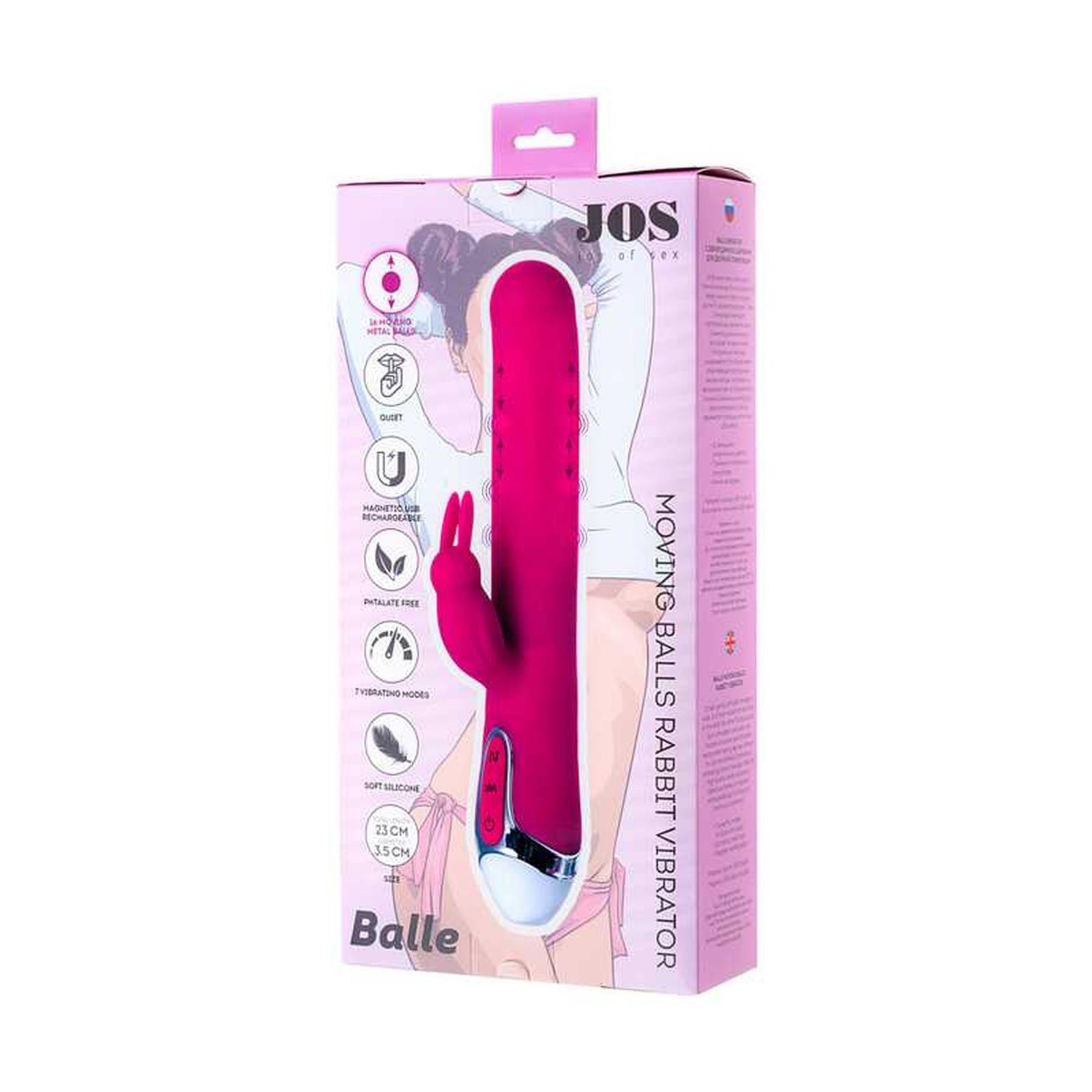 Vibrator iepure JOS BALLE cu bile mobile, silicon, roz, 23 cm