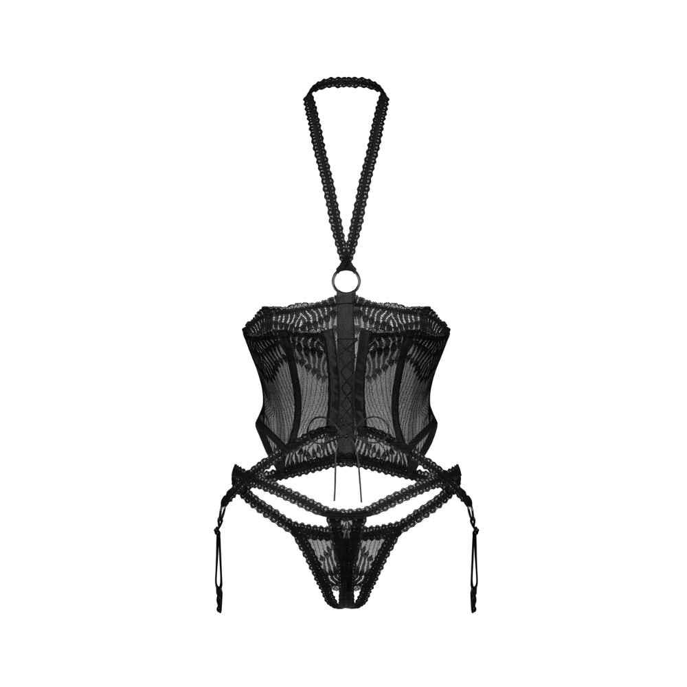 Corset Alliane din dantelă și tanga Obsessive negru S/M