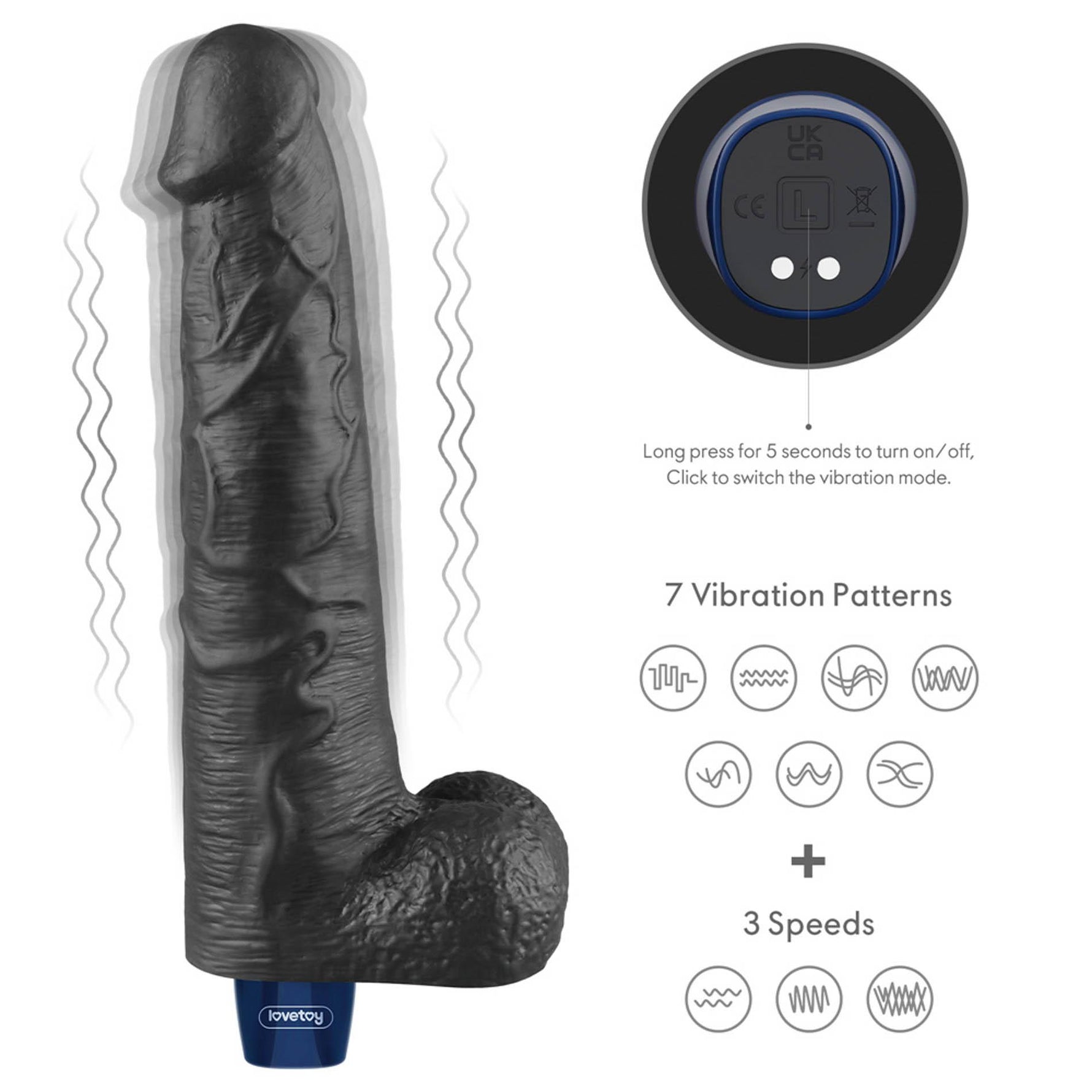 Dildo vibrant realist Lovetoy TPE negru 27cm reîncărcabil