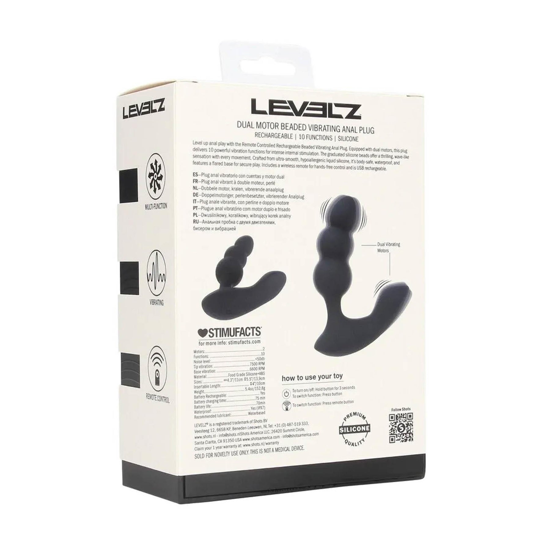Plug anal vibrant cu perle Levelz, negru, 14 cm, USB