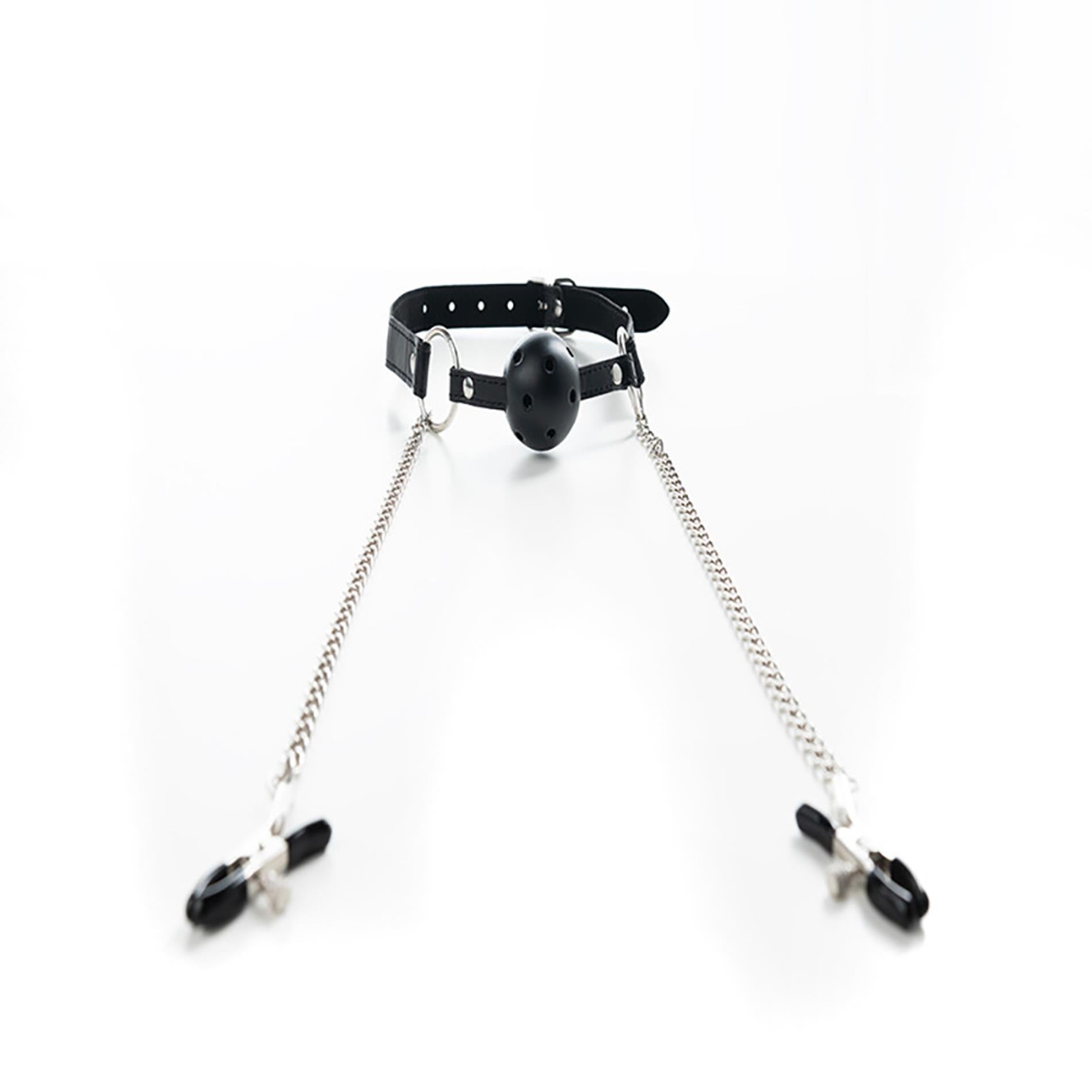 Ball Gag respirabil Fantasy cu cleme reglabile pentru mameloane