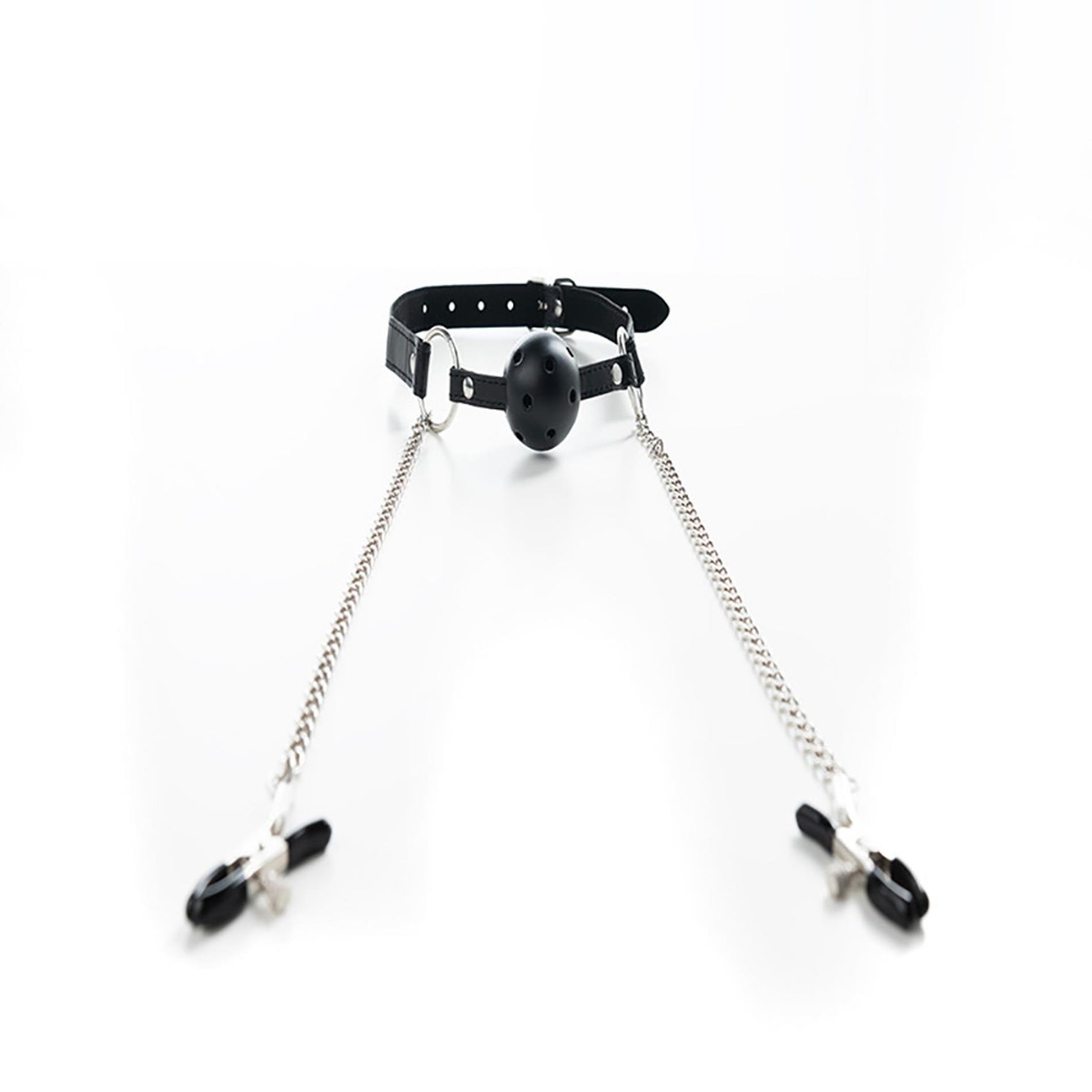 Ball Gag respirabil Fantasy cu cleme reglabile pentru mameloane